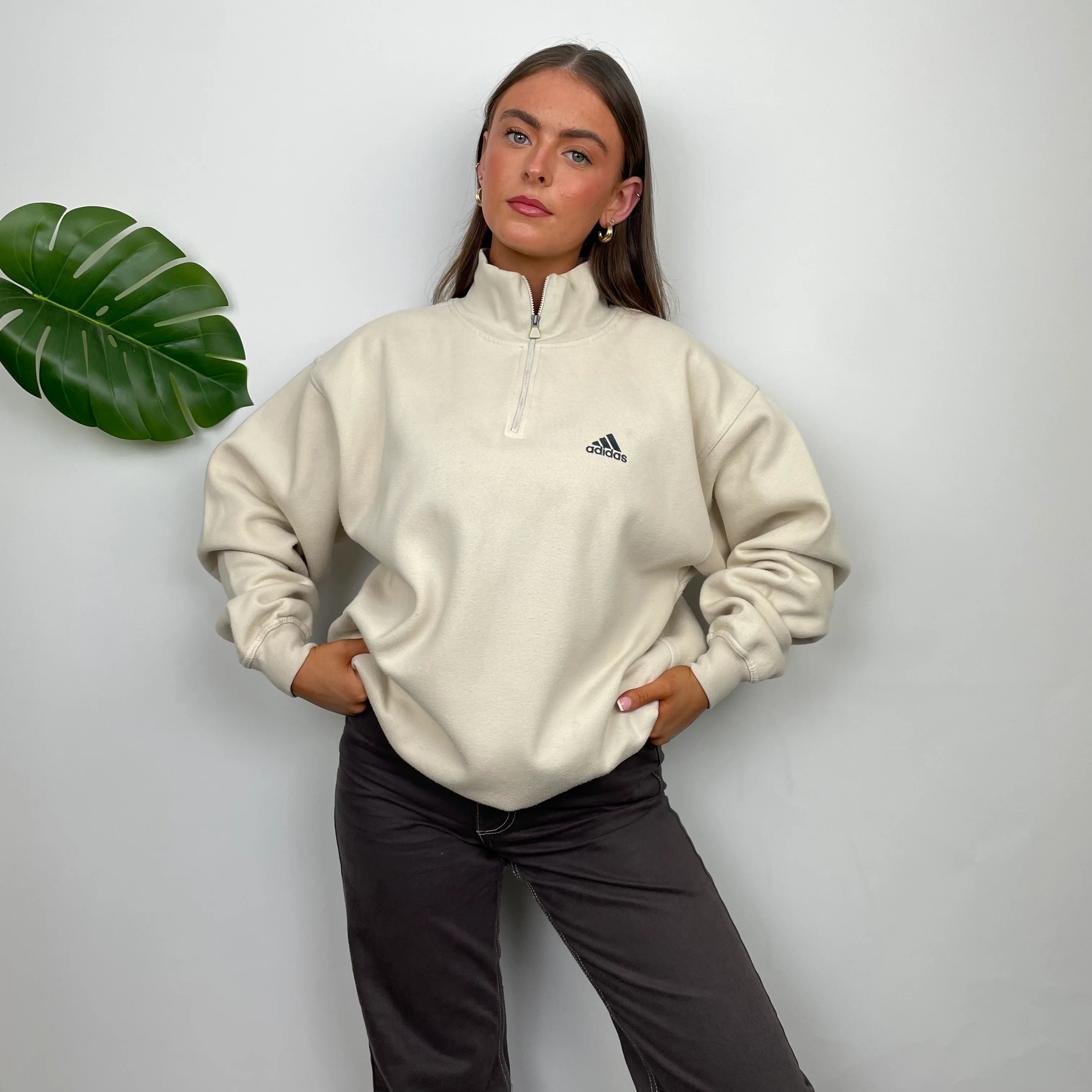 Adidas Cream Embroidered Spell Out Quarter Zip Sweatshirt (L) - Image 4