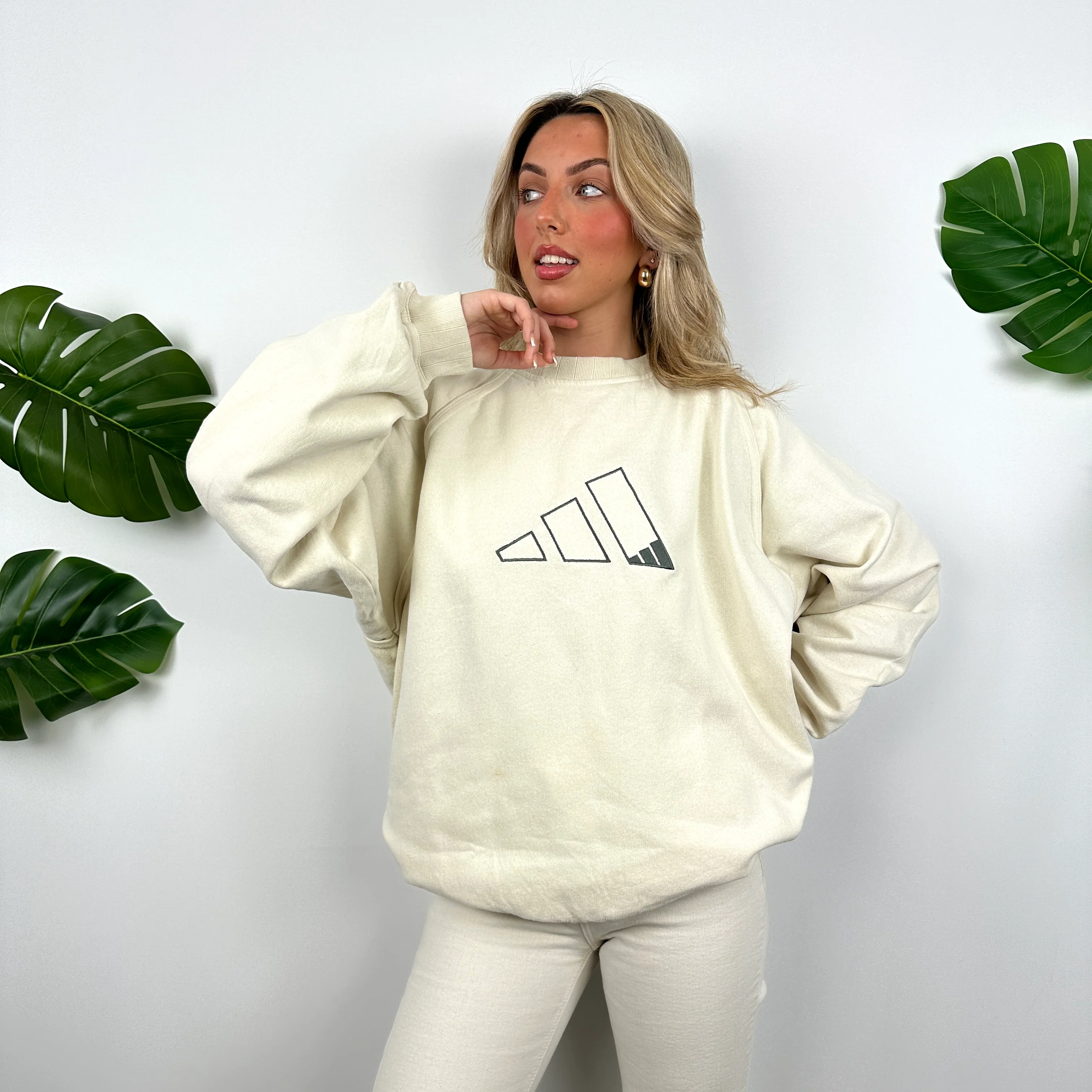 Adidas Cream Embroidered Spell Out Sweatshirt (XL) - Image 4
