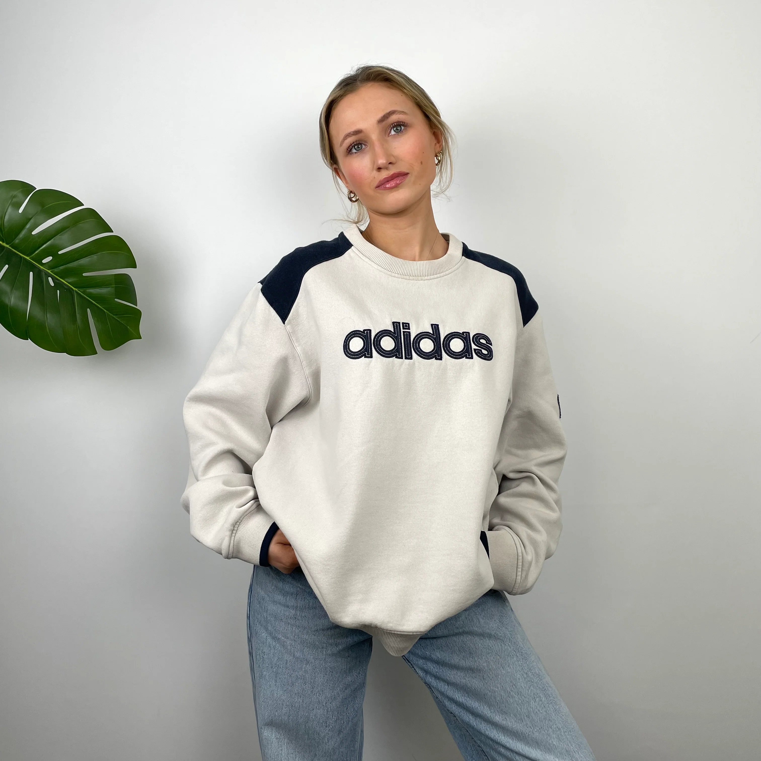 Adidas Cream Embroidered Spell Out Sweatshirt (L)