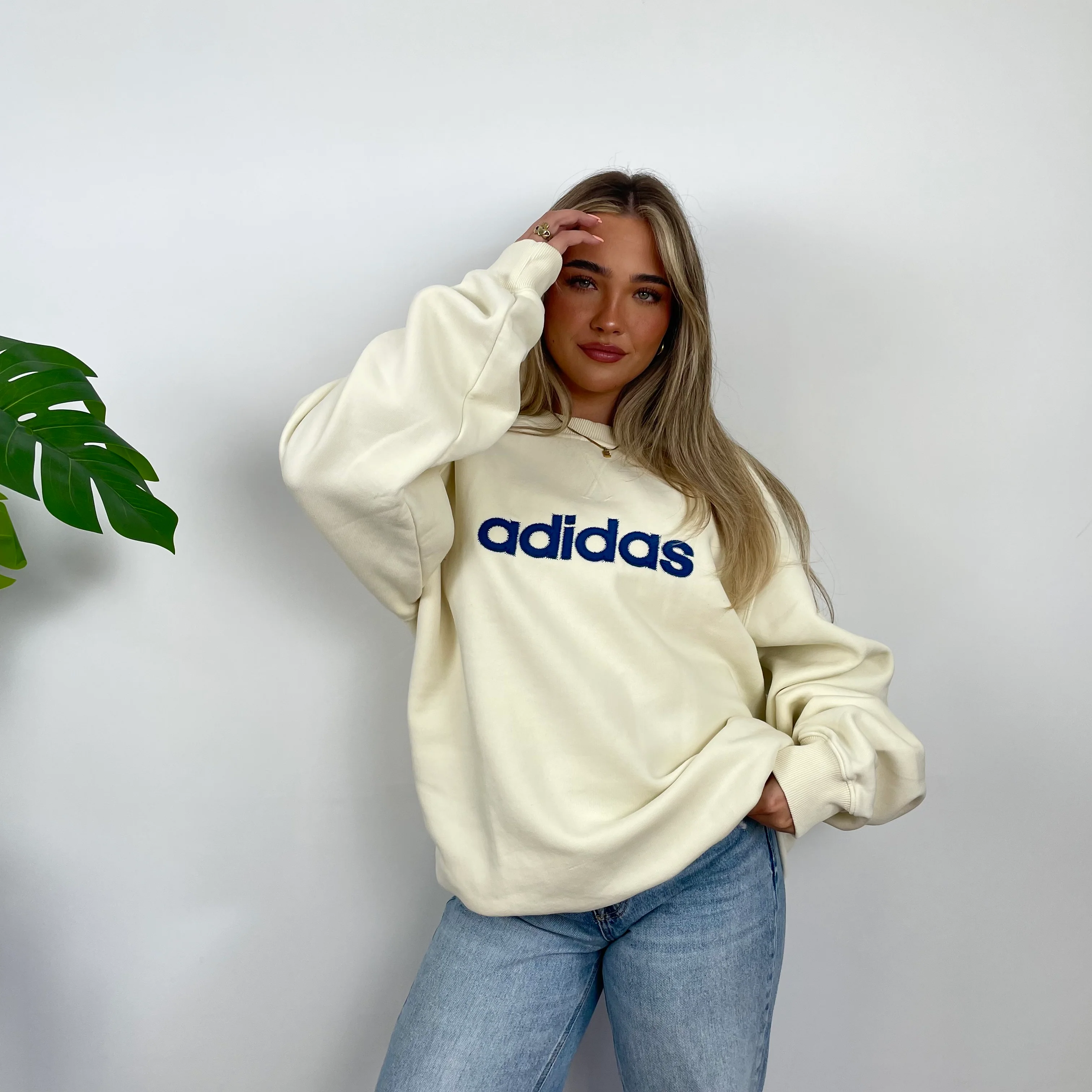 Adidas Cream Embroidered Spell Out Sweatshirt (XL) - Image 3