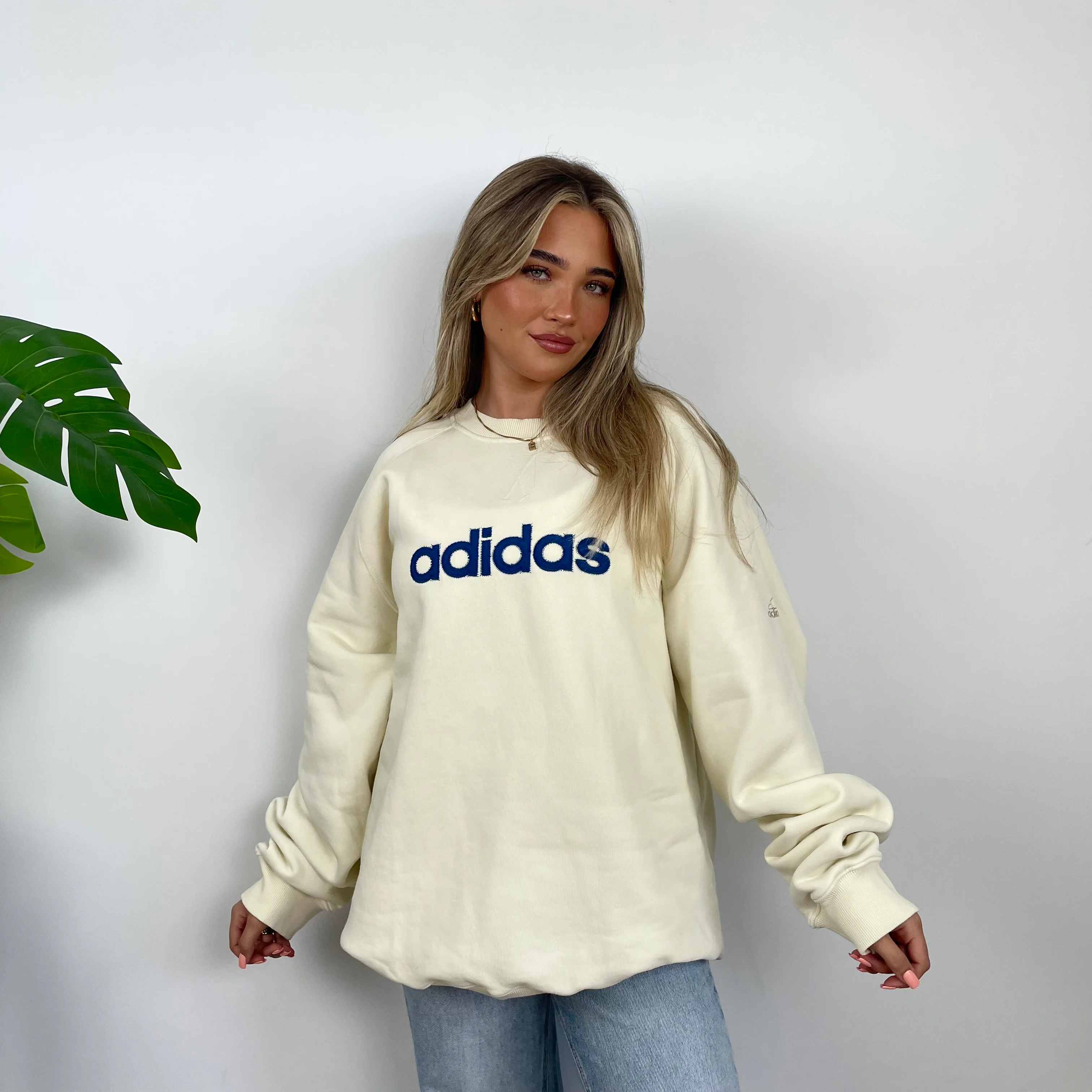 Adidas Cream Embroidered Spell Out Sweatshirt (XL) - Image 4