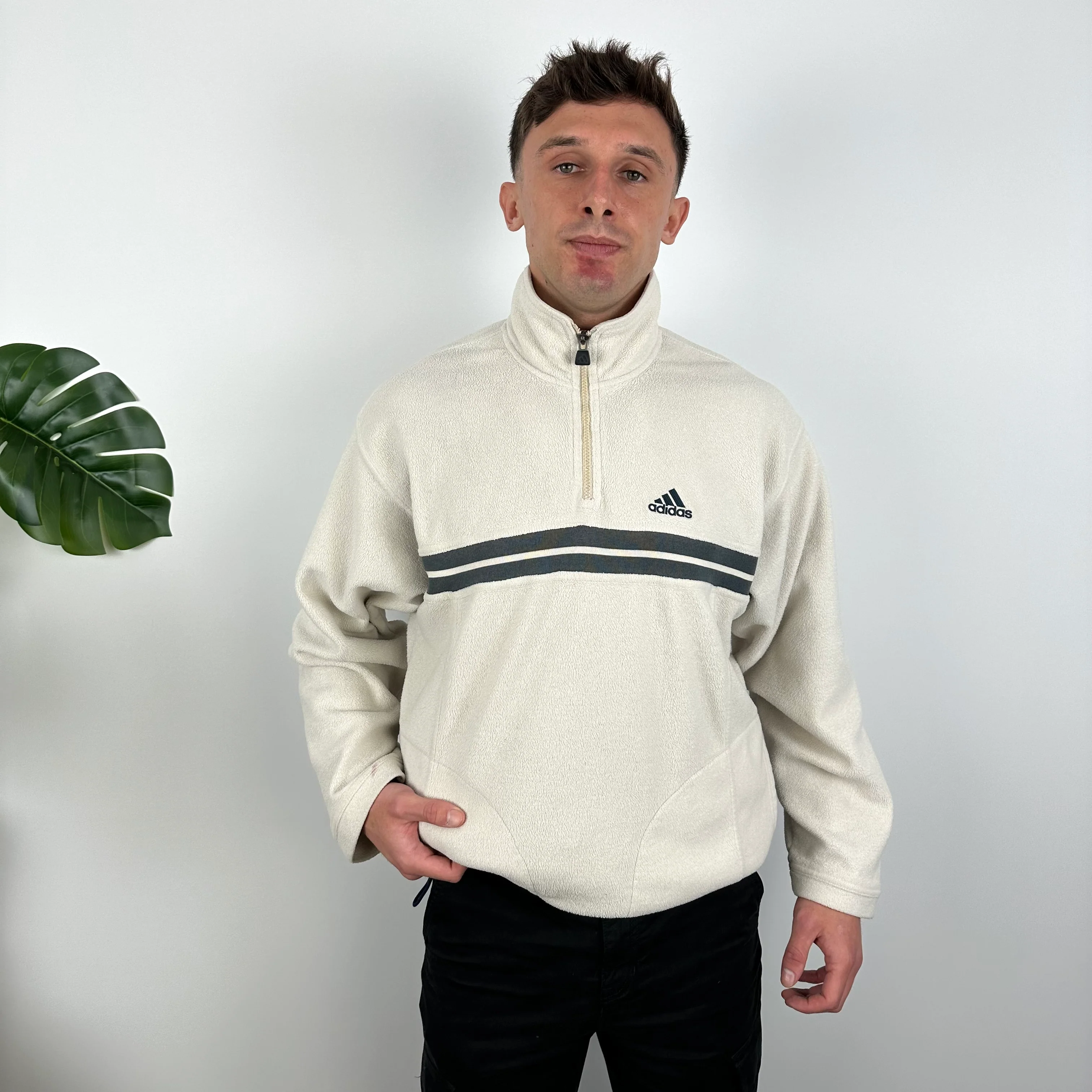 Adidas Cream Embroidered Spell Out Teddy Bear Fleece Quarter Zip Sweatshirt (XL) - Image 2