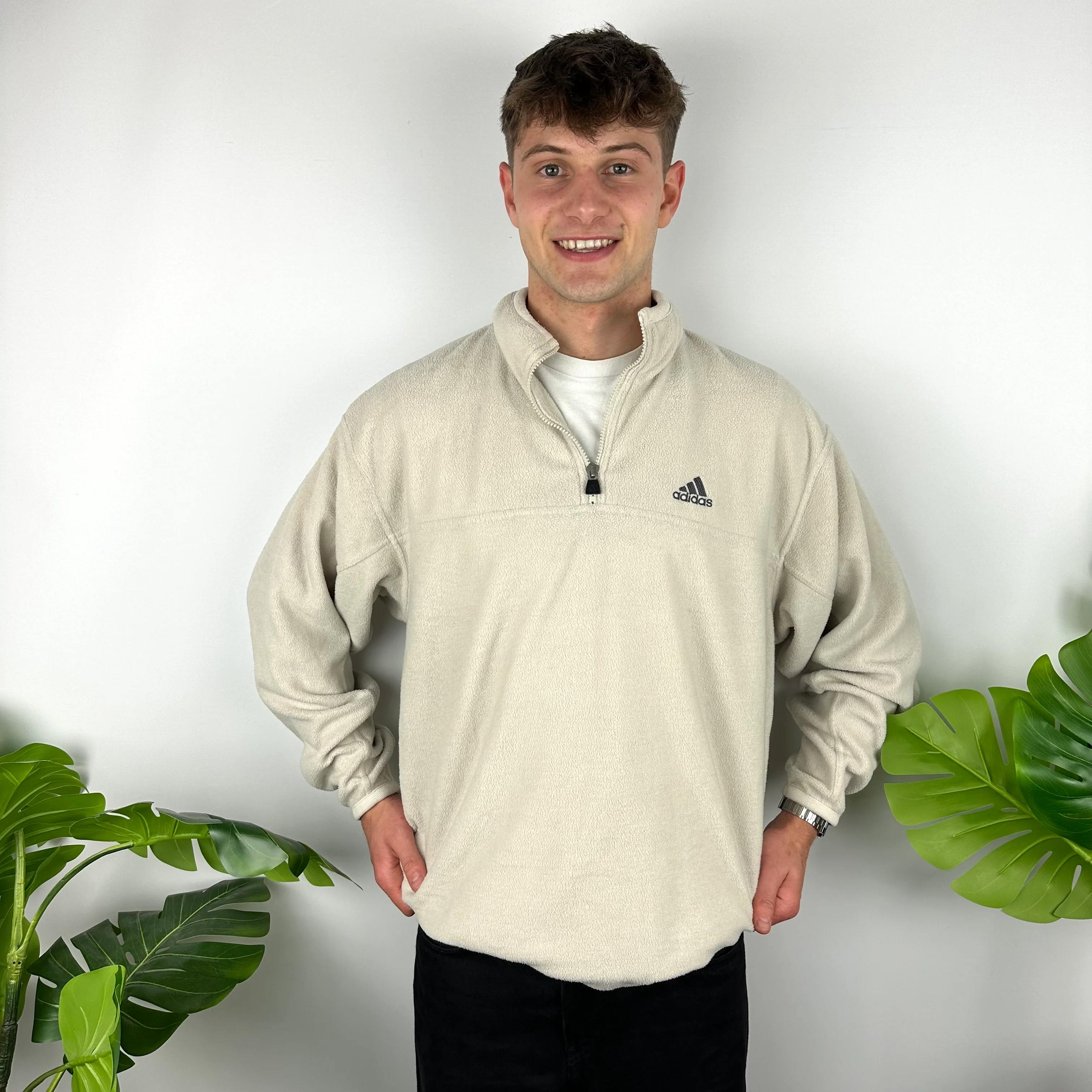 Adidas Cream Embroidered Spell Out Teddy Bear Fleece Quarter Zip Sweatshirt (XL) - Image 4