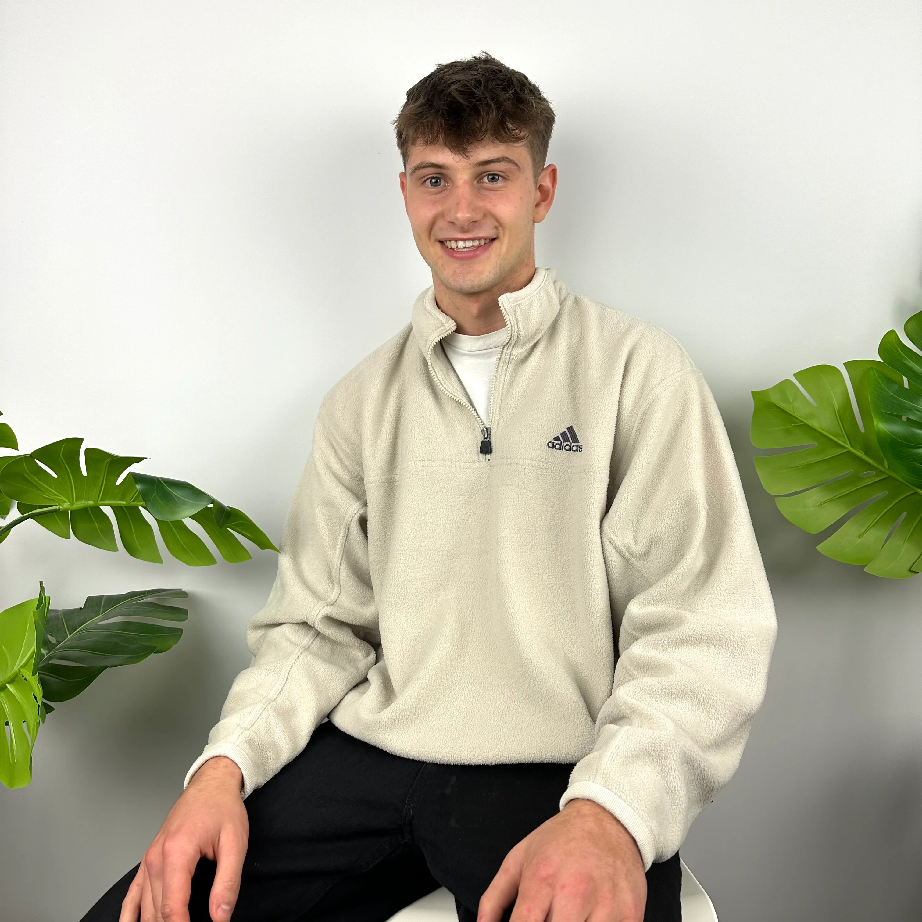 Adidas Cream Embroidered Spell Out Teddy Bear Fleece Quarter Zip Sweatshirt (XL) - Image 9