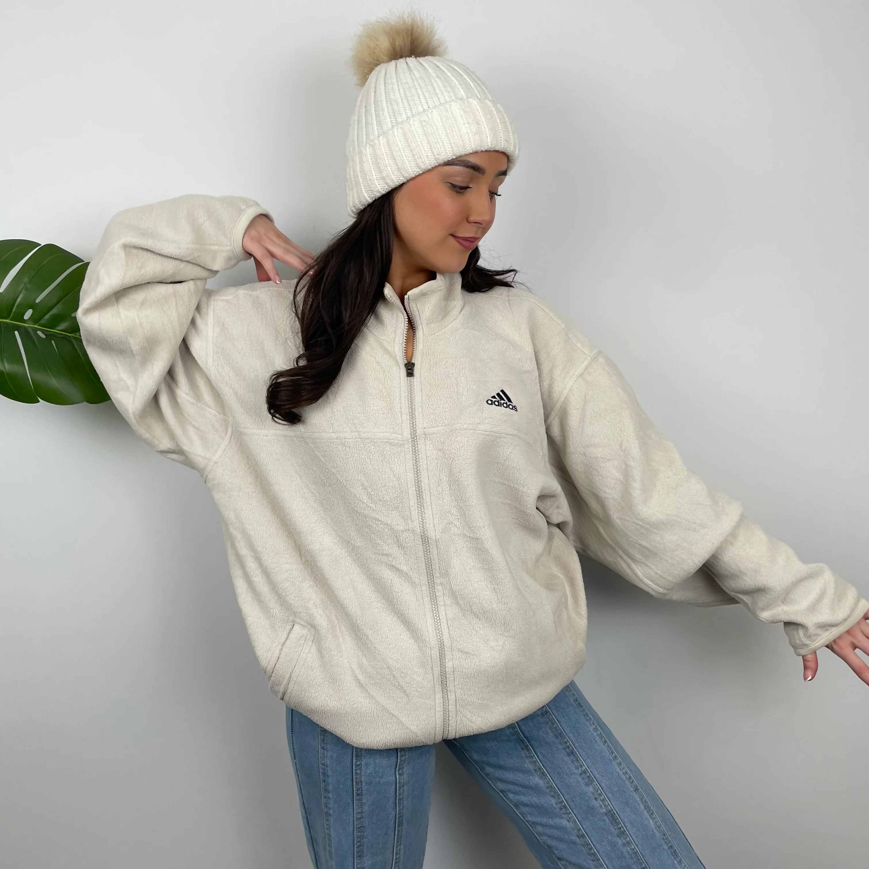 Adidas Cream Embroidered Spell Out Teddy Bear Fleece Zip Up Jacket (L) - Image 3