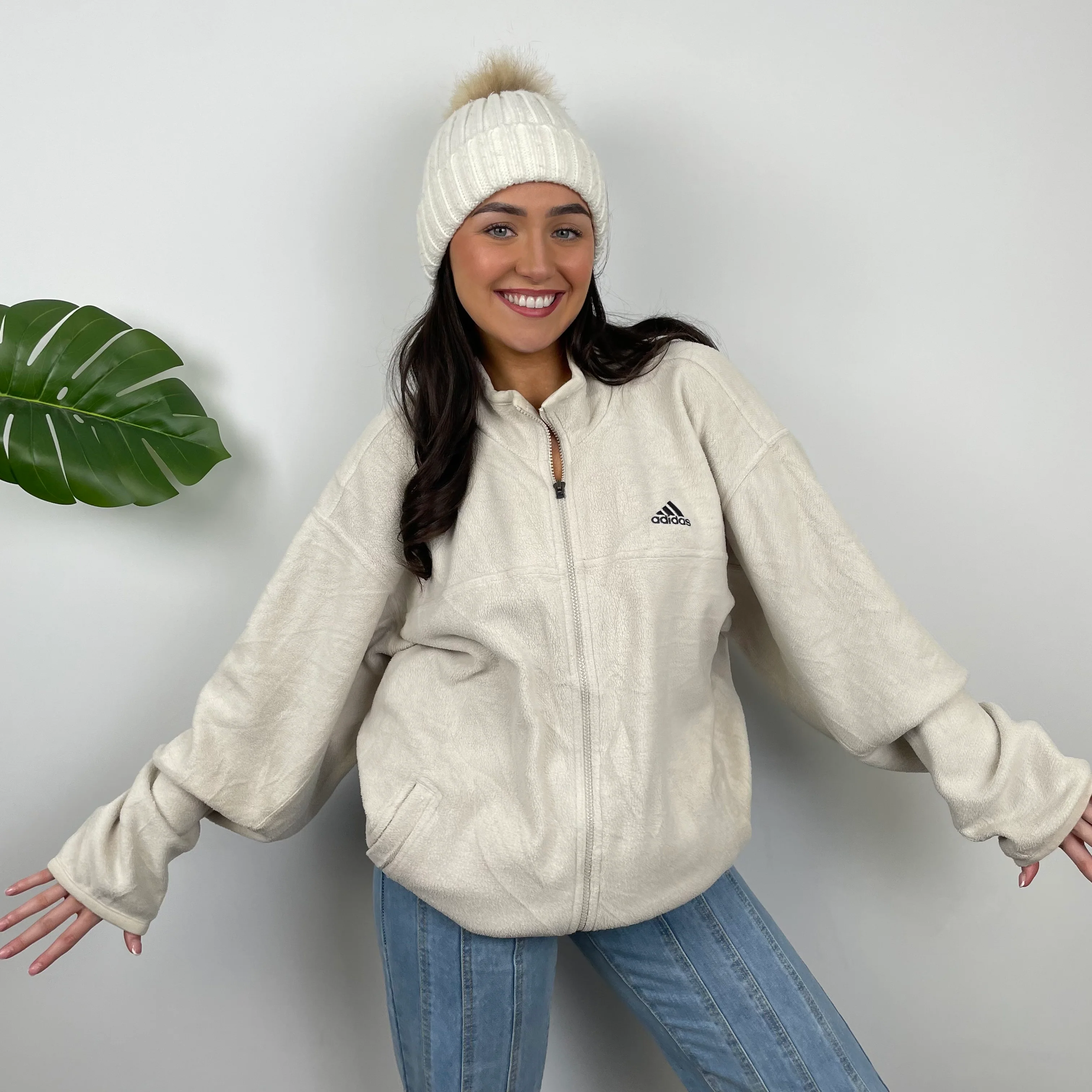 Adidas Cream Embroidered Spell Out Teddy Bear Fleece Zip Up Jacket (L) - Image 7