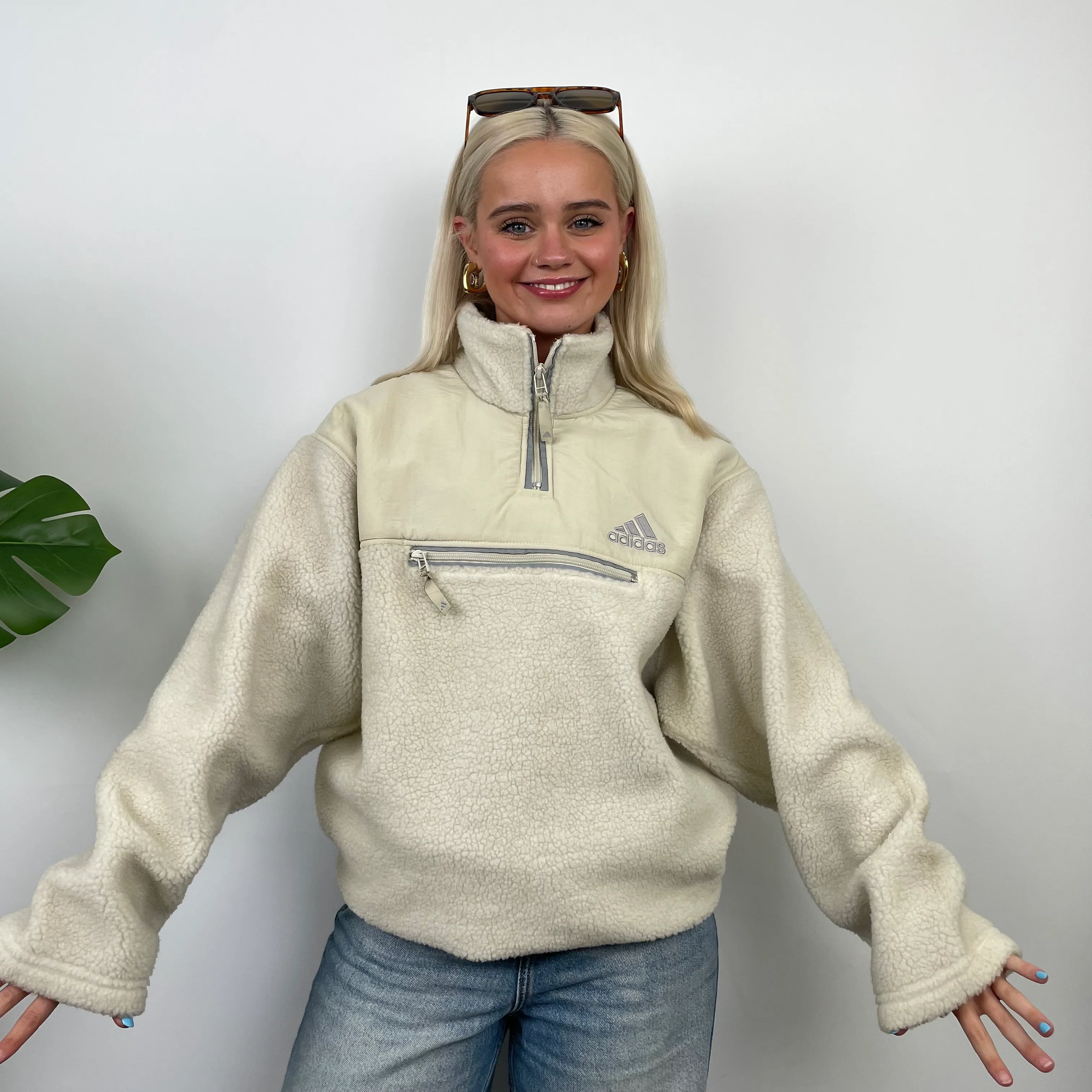 Adidas Cream Embroidered Spell Out Teddy Bear Sherpa Fleece Quarter Zip Sweatshirt (L) - Image 5