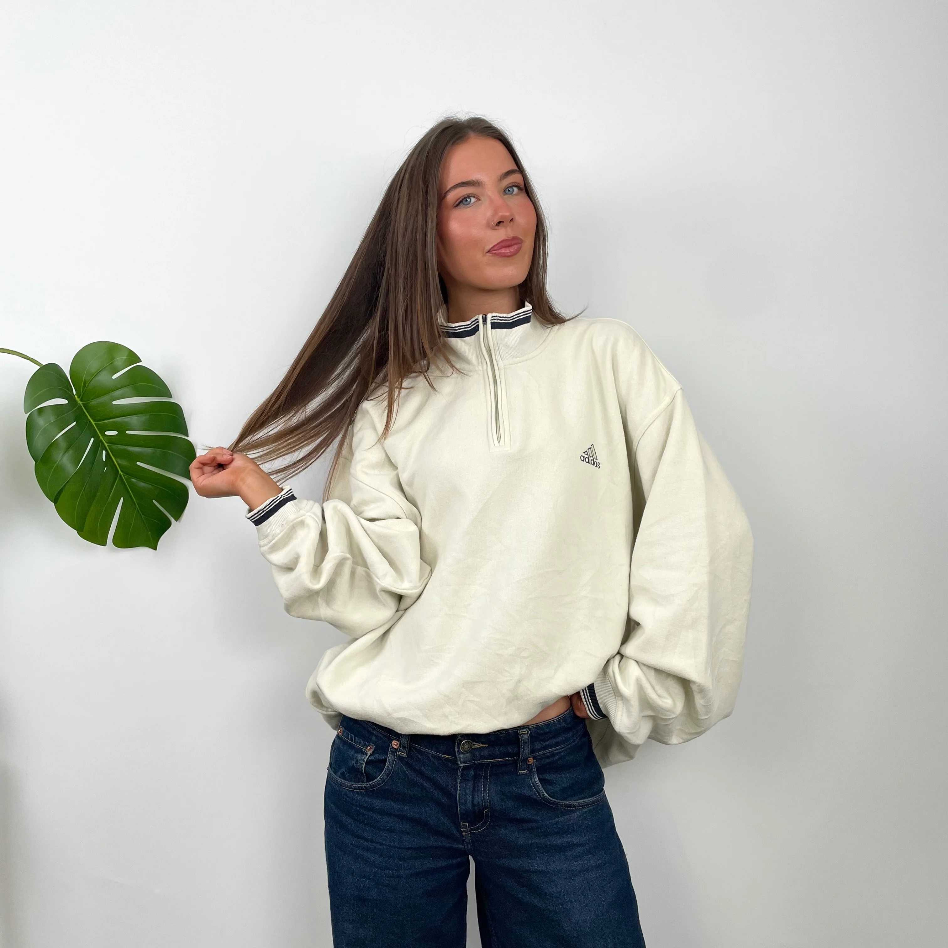 Adidas Cream Quarter Zip Sweatshirt (L) - Image 2