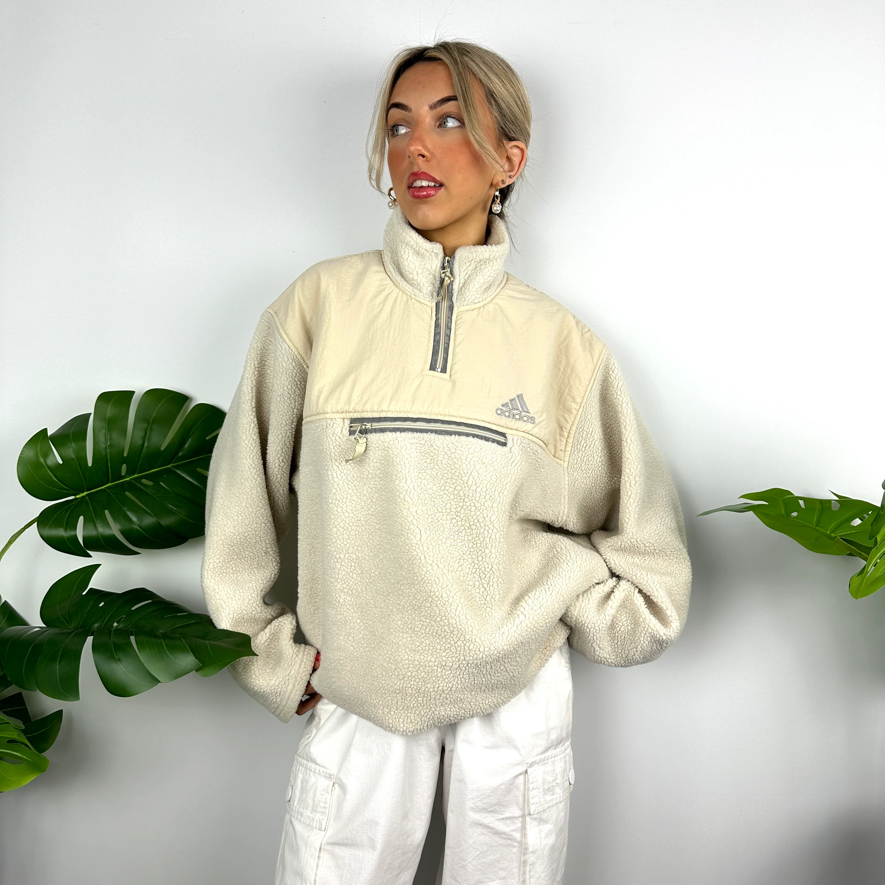 Adidas Cream Sherpa Teddy Bear Fleece Quarter Zip Sweatshirt (L) - Image 2