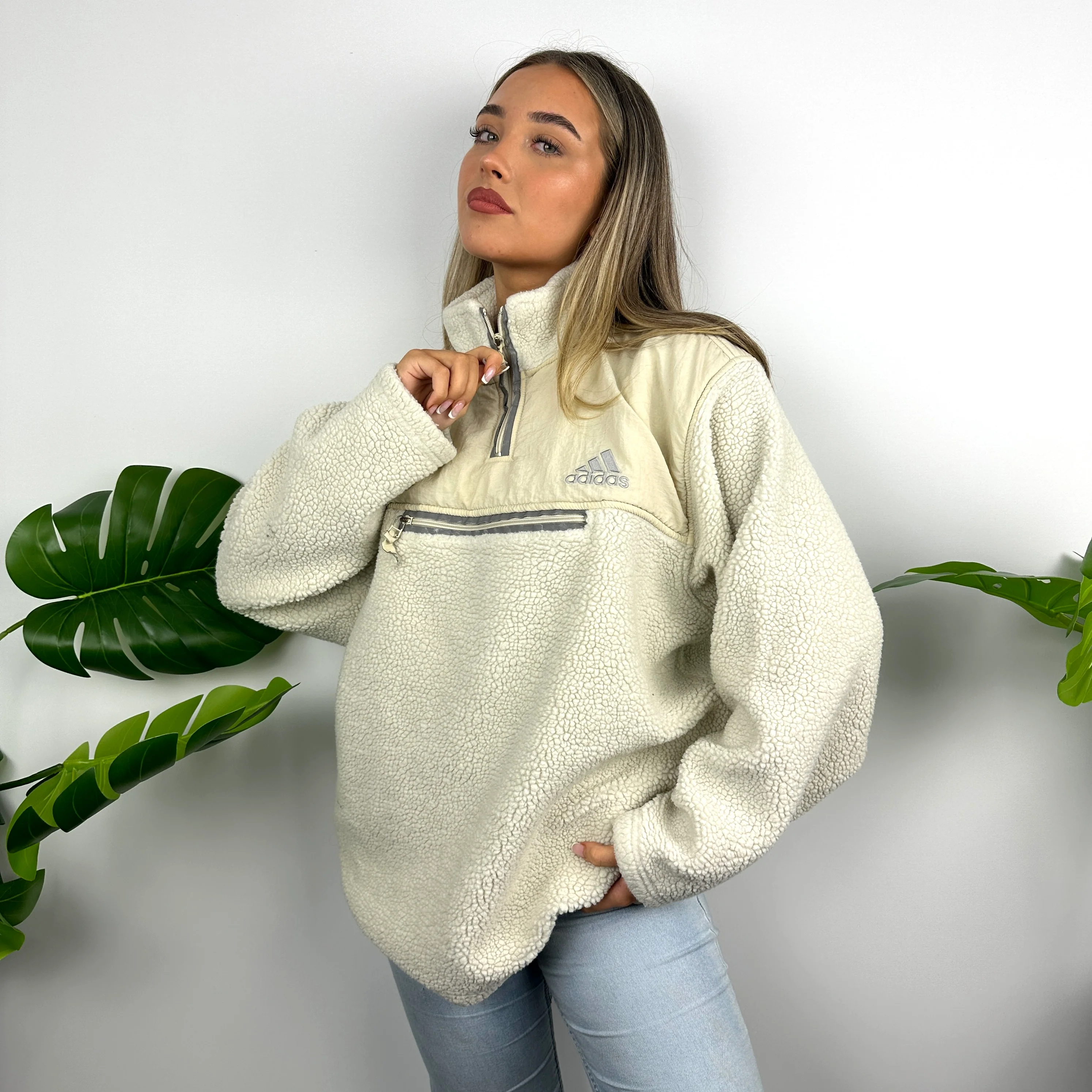 Adidas Cream Sherpa Teddy Bear Fleece Quarter Zip Sweatshirt (M) - Image 2
