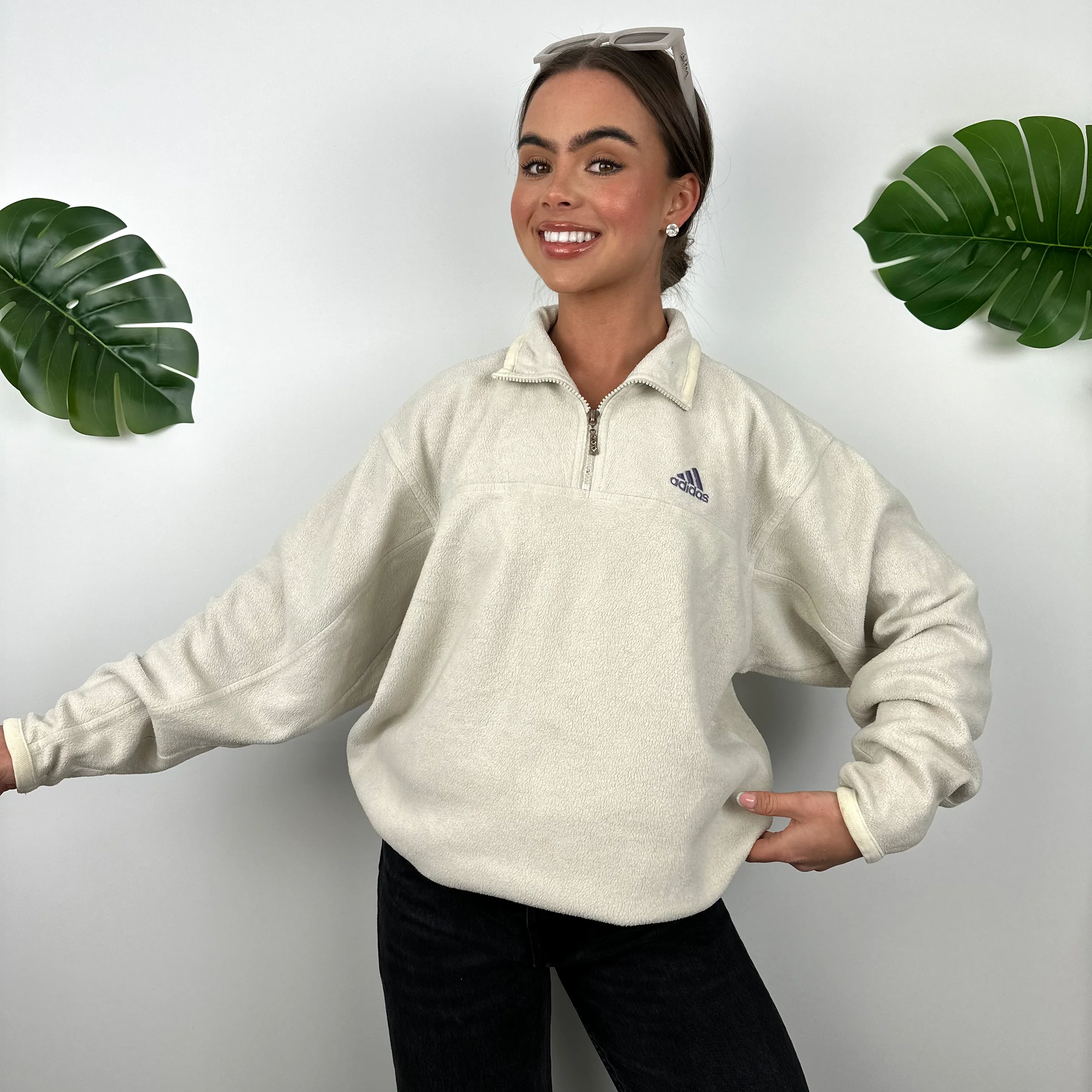 Adidas Cream Teddy Bear Fleece Quarter Zip Sweatshirt (M) - Image 2