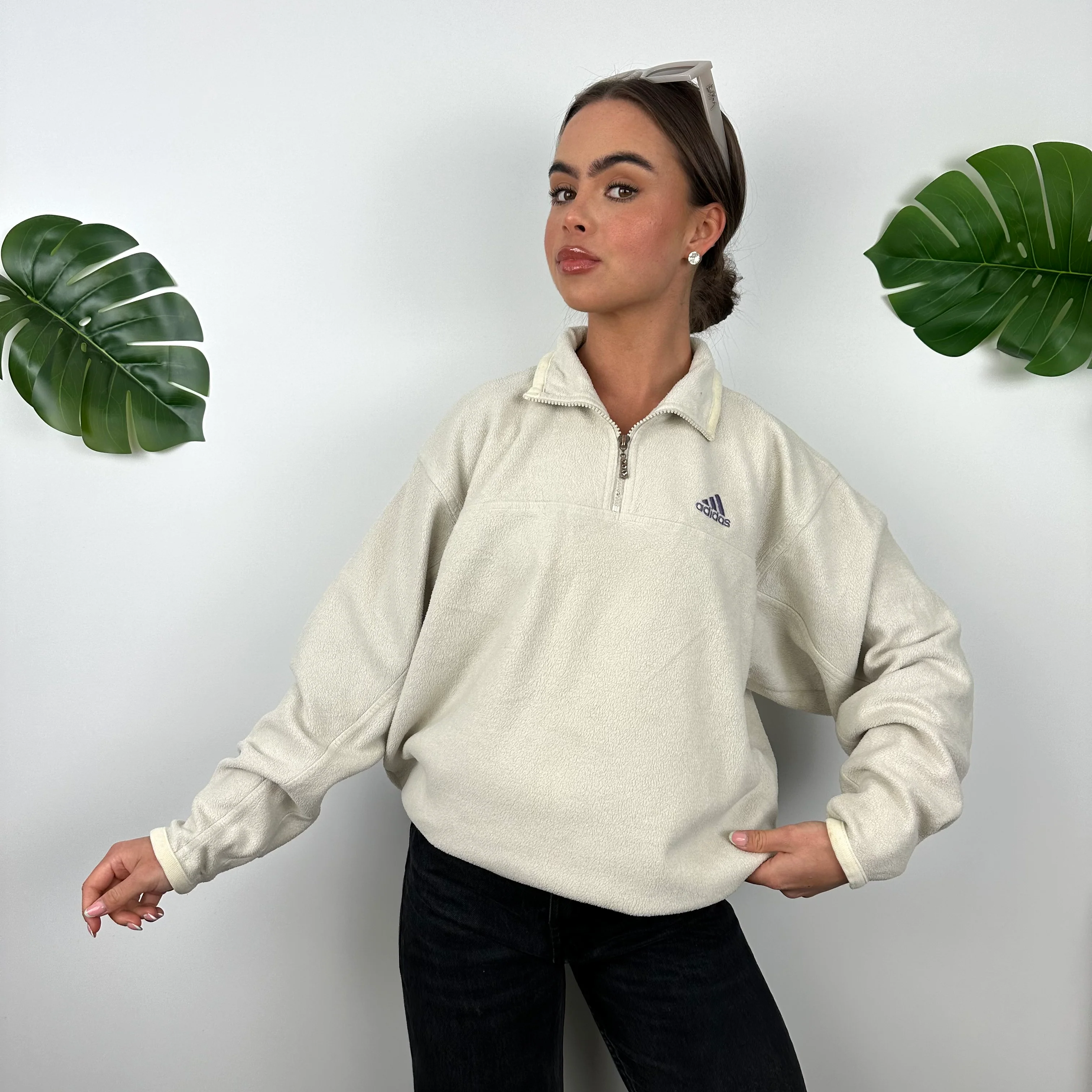 Adidas Cream Teddy Bear Fleece Quarter Zip Sweatshirt (M) - Image 5