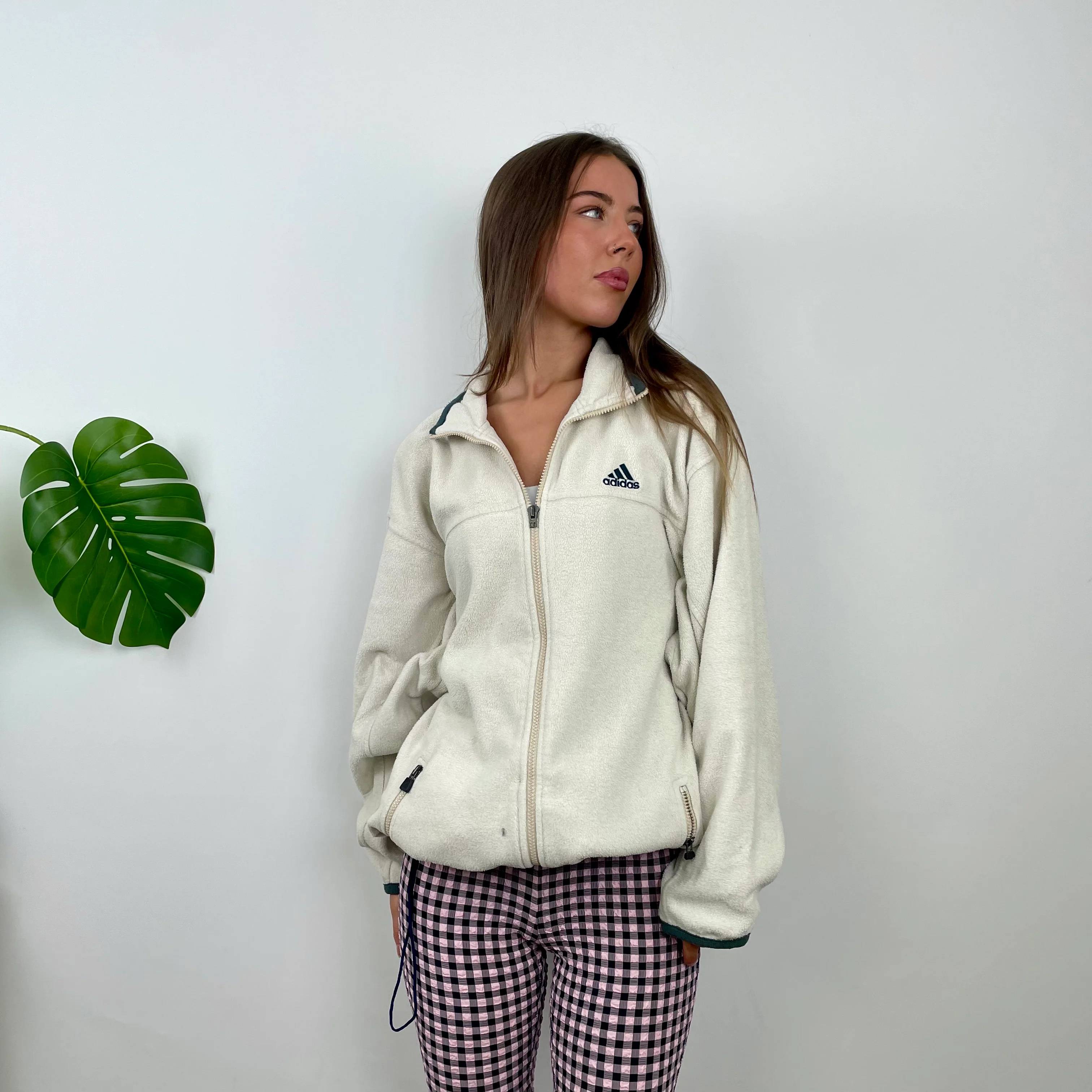 Adidas Cream Teddy Bear Fleece Zip Up Sweatshirt Jacket (XL) - Image 3