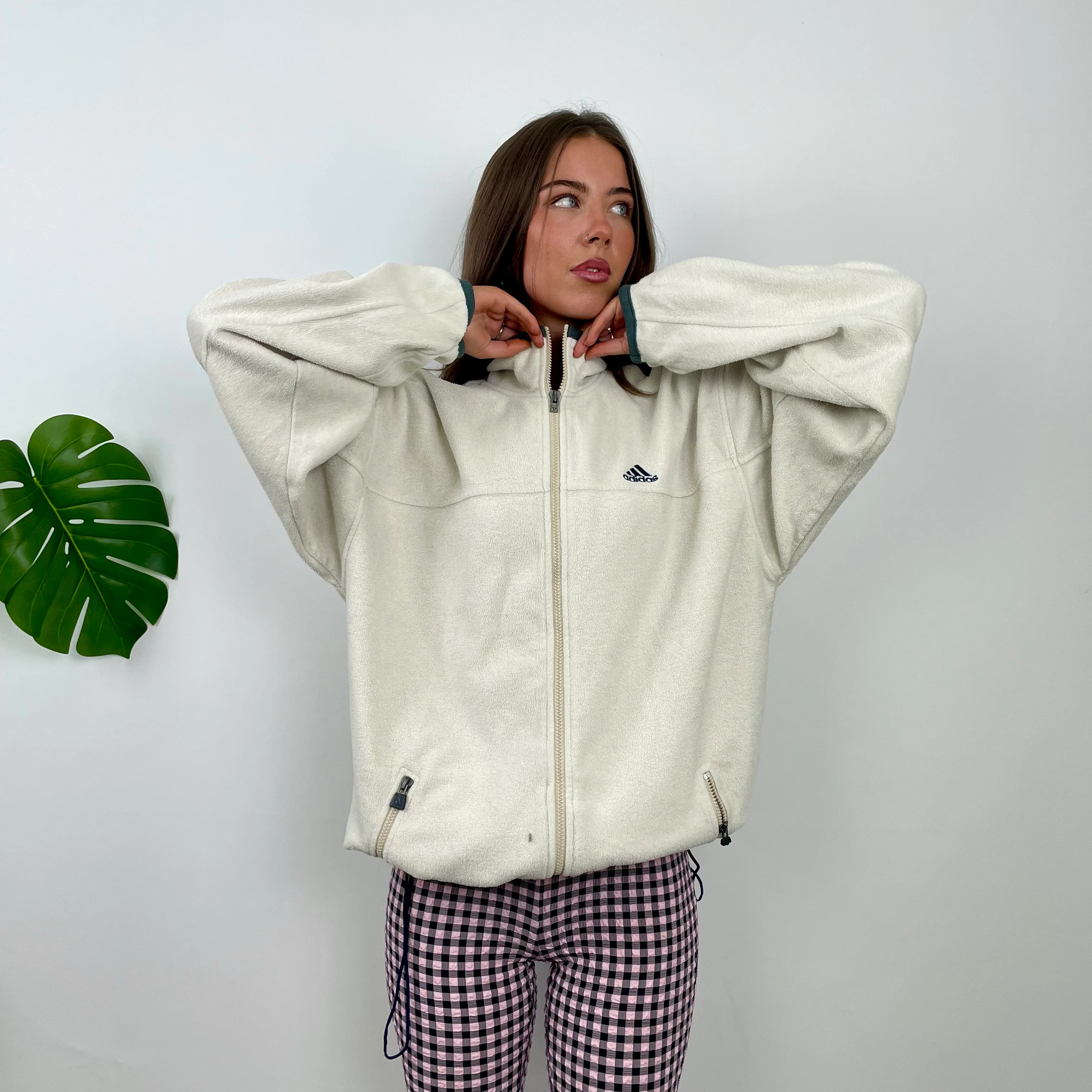 Adidas Cream Teddy Bear Fleece Zip Up Sweatshirt Jacket (XL) - Image 4