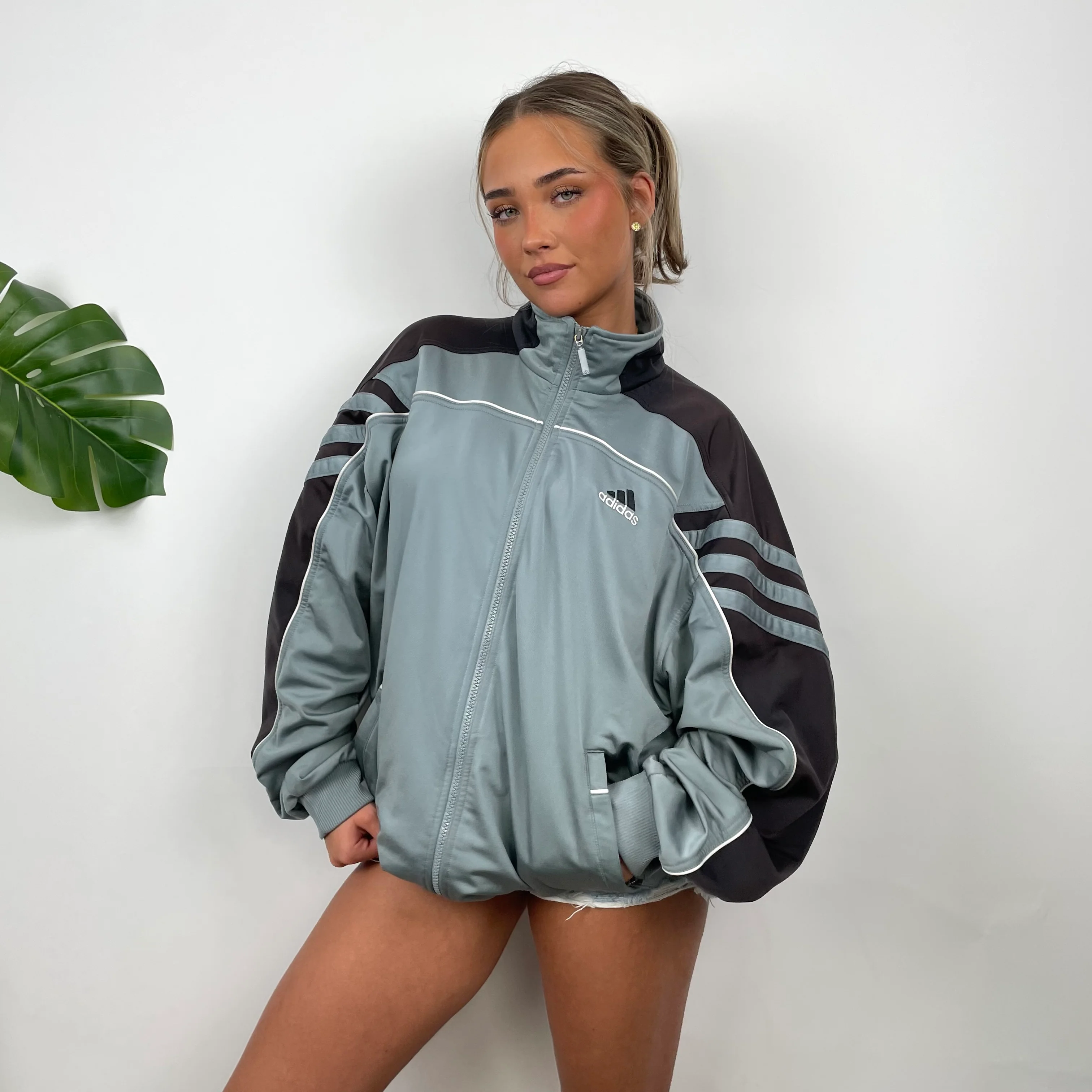 Adidas Embroidered Spell Out Grey And Black Zip Up Track Jacket (L) - Image 2