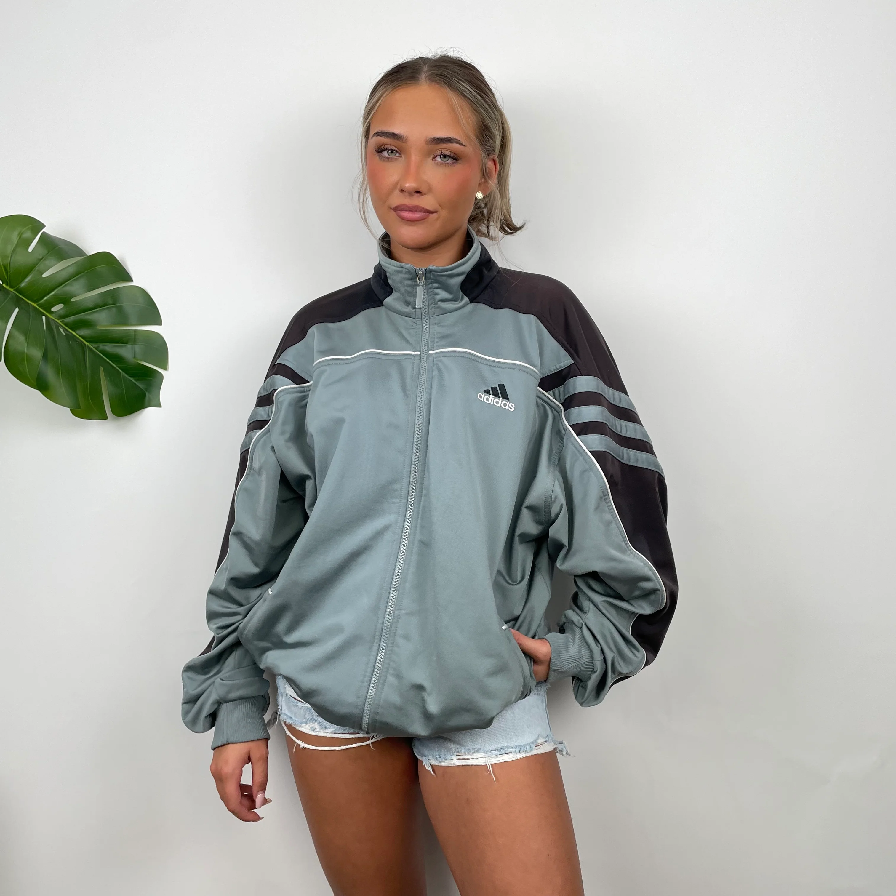 Adidas Embroidered Spell Out Grey And Black Zip Up Track Jacket (L) - Image 5