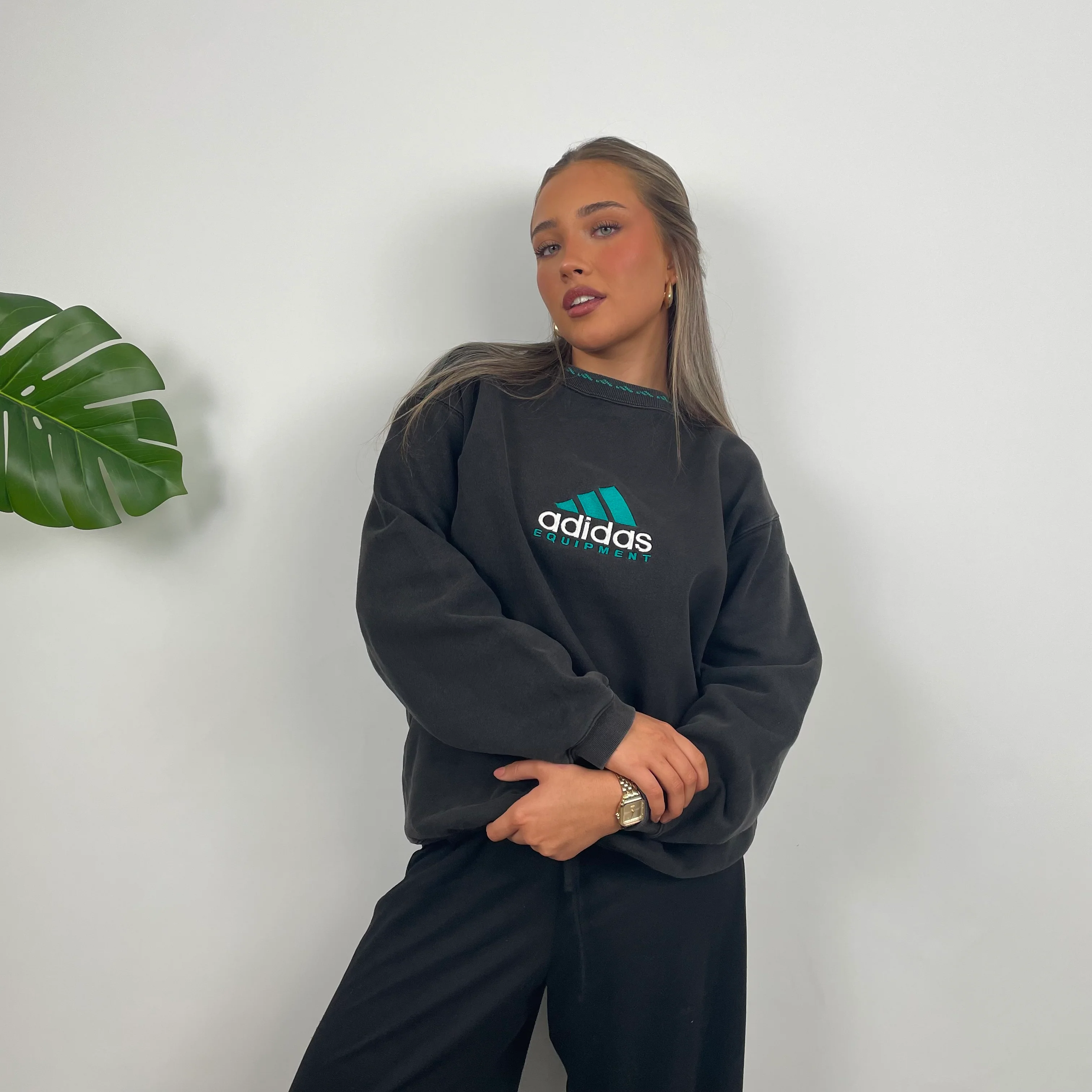 Adidas Equipment Charcoal Black Embroidered Spell Out Sweatshirt (M) - Image 2