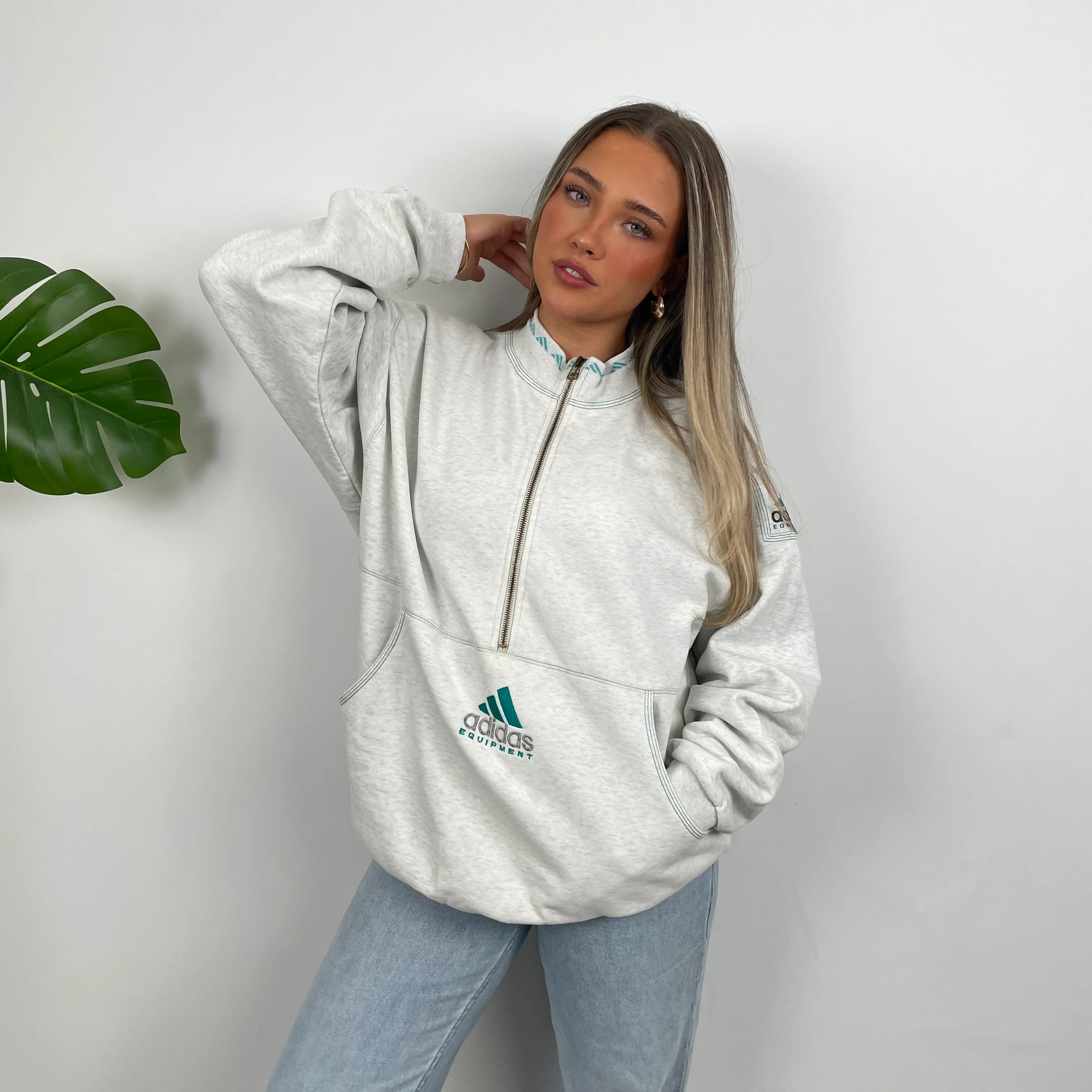 Adidas Equipment Grey Embroidered Spell Out Quarter Zip Sweatshirt (L) - Image 2