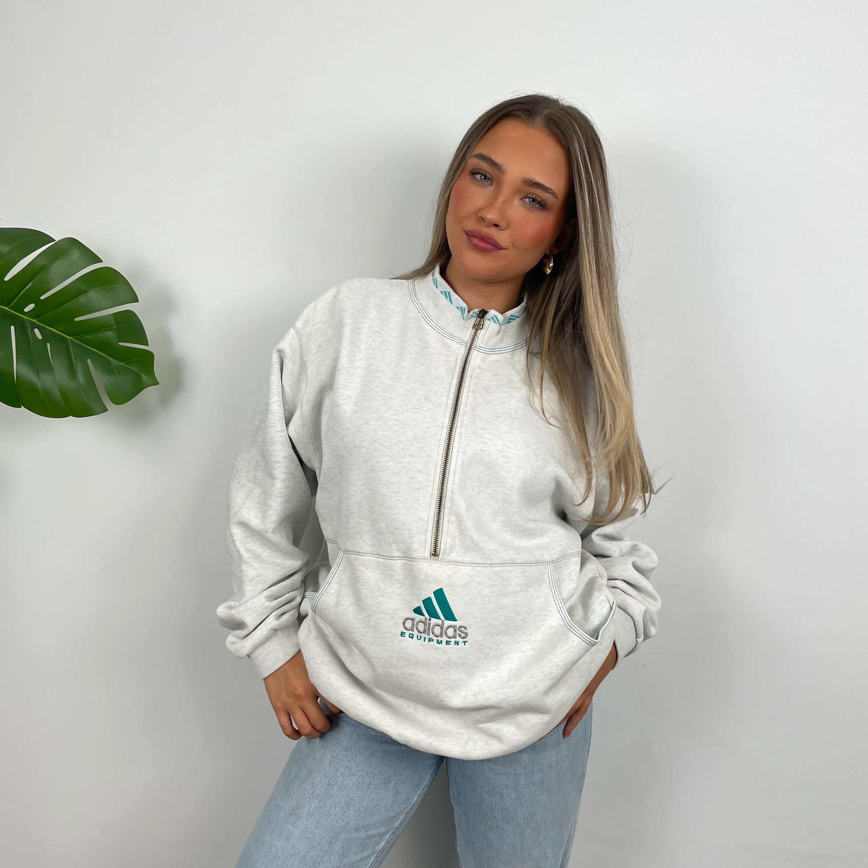Adidas Equipment Grey Embroidered Spell Out Quarter Zip Sweatshirt (L) - Image 5