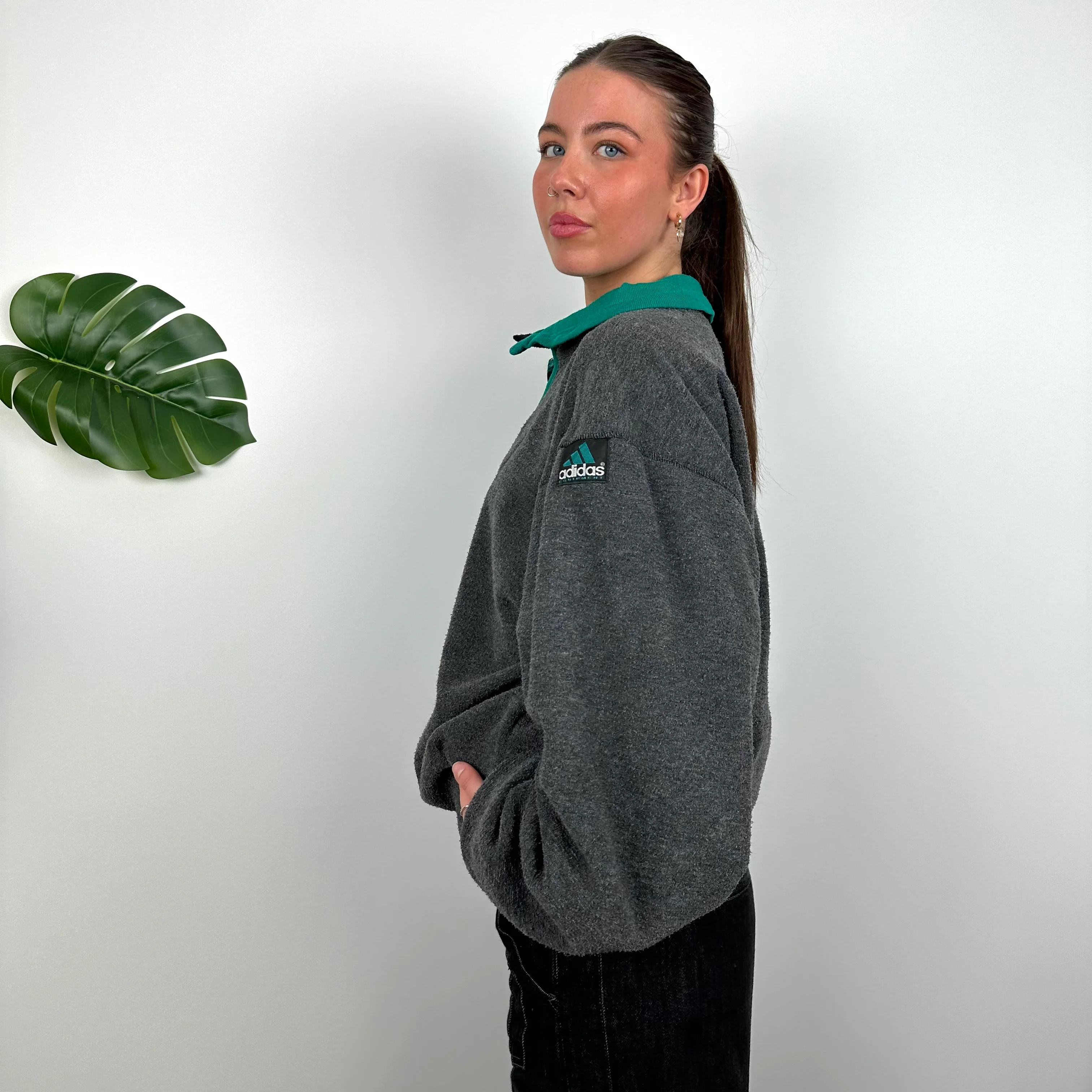 Adidas Equipment Grey Embroidered Spell Out Teddy Bear Fleece Quarter Zip Sweatshirt (M) - Image 4
