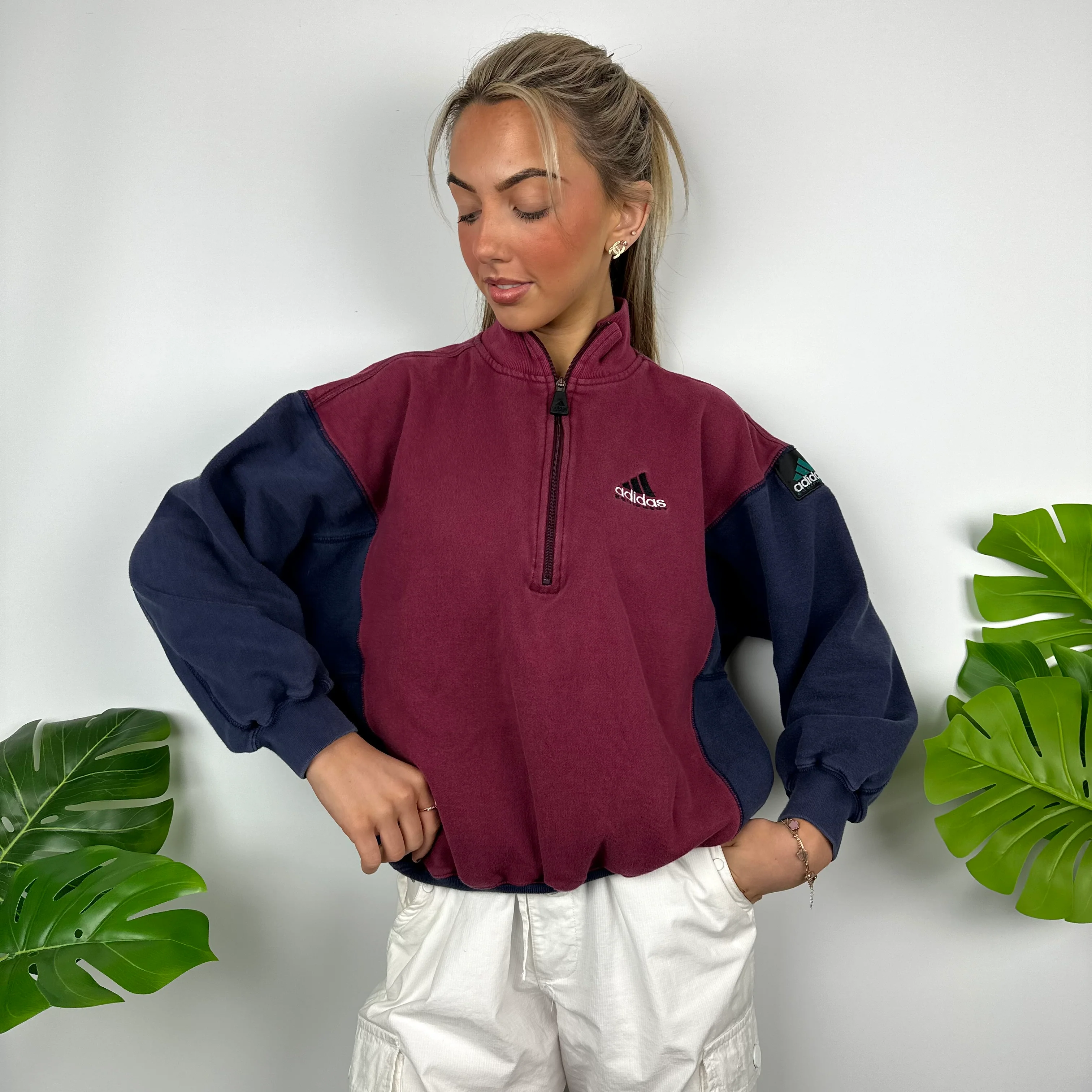 Adidas Equipment Maroon Embroidered Spell Out Quarter Zip Sweatshirt (S) - Image 6
