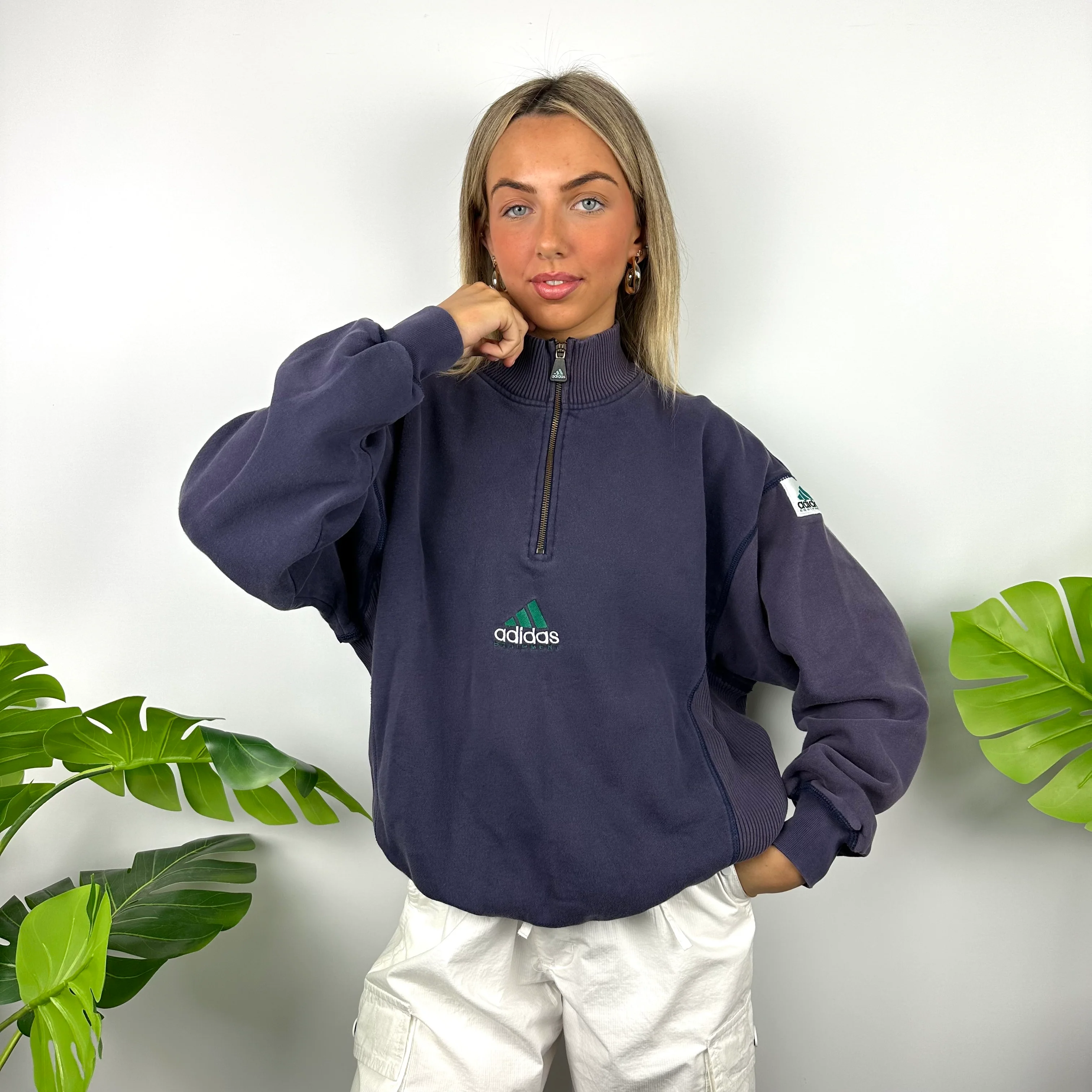Adidas Equipment Navy Embroidered Spell Out Quarter Zip Sweatshirt (M) - Image 2