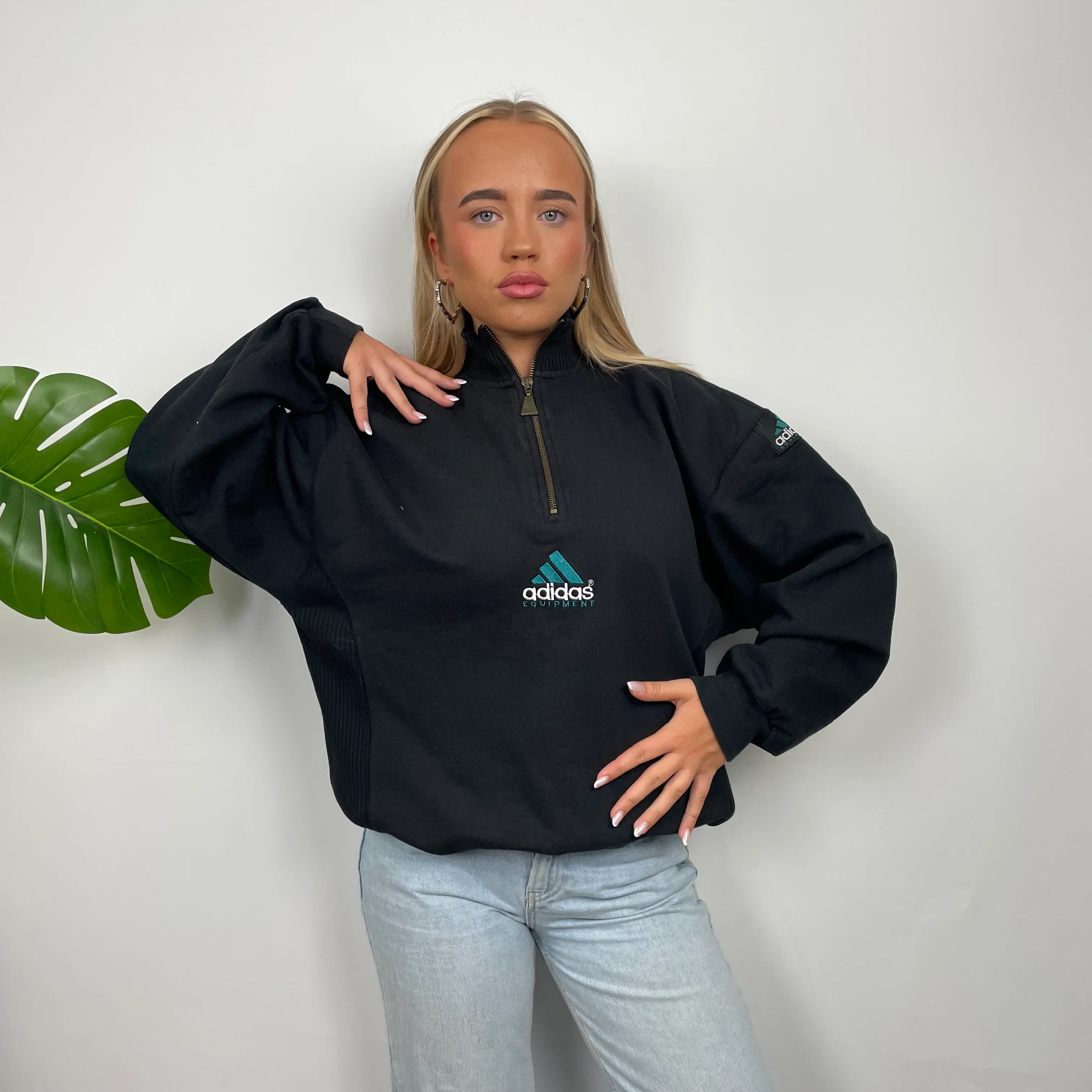 Adidas Equipment RARE Black Embroidered Spell Out Quarter Zip Sweatshirt (M) - Image 2