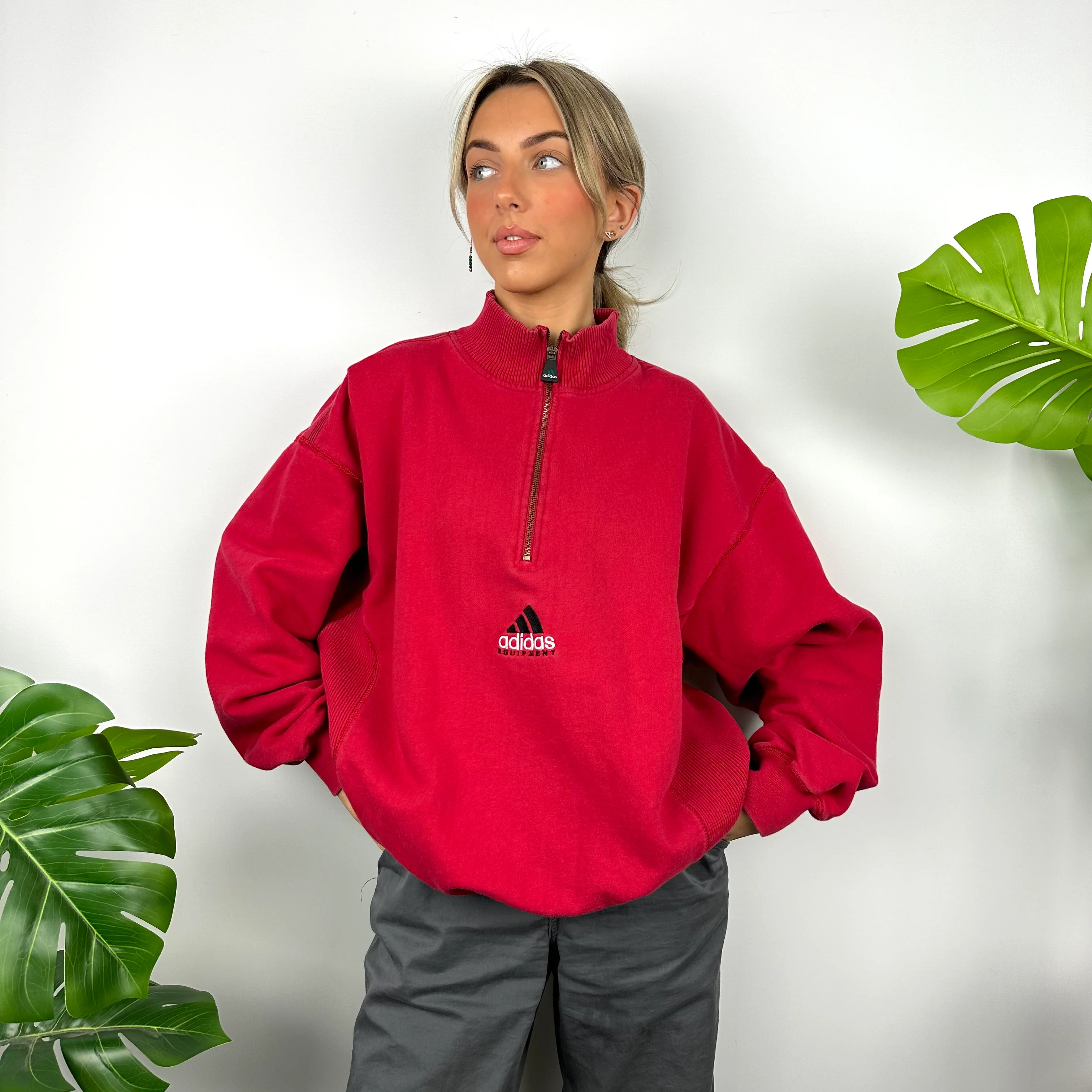 Adidas Equipment RARE Red Embroidered Spell Out Quarter Zip Sweatshirt (XL) - Image 2