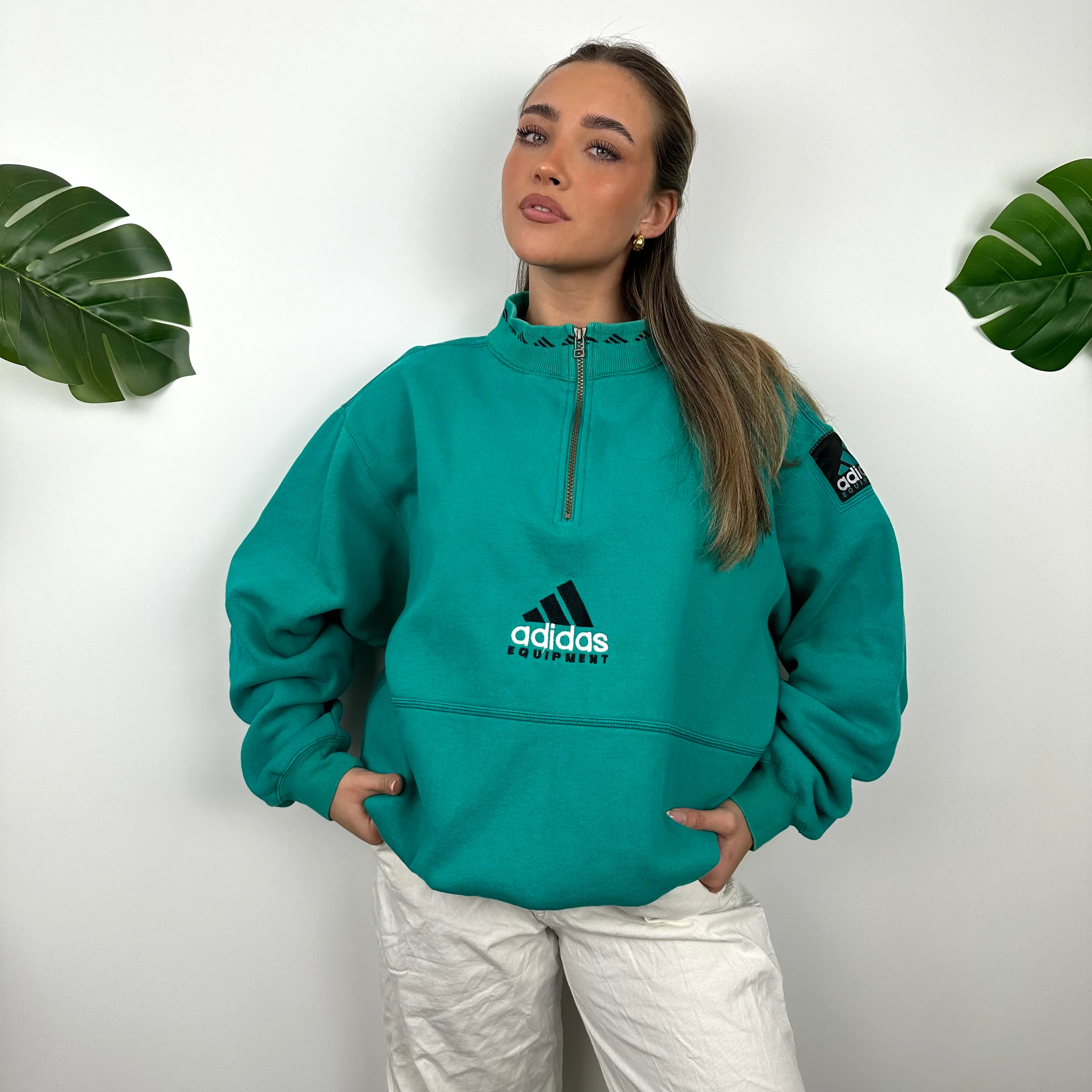 Adidas Equipment Turquoise Green Embroidered Spell Out Quarter Zip Sweatshirt (L) - Image 6