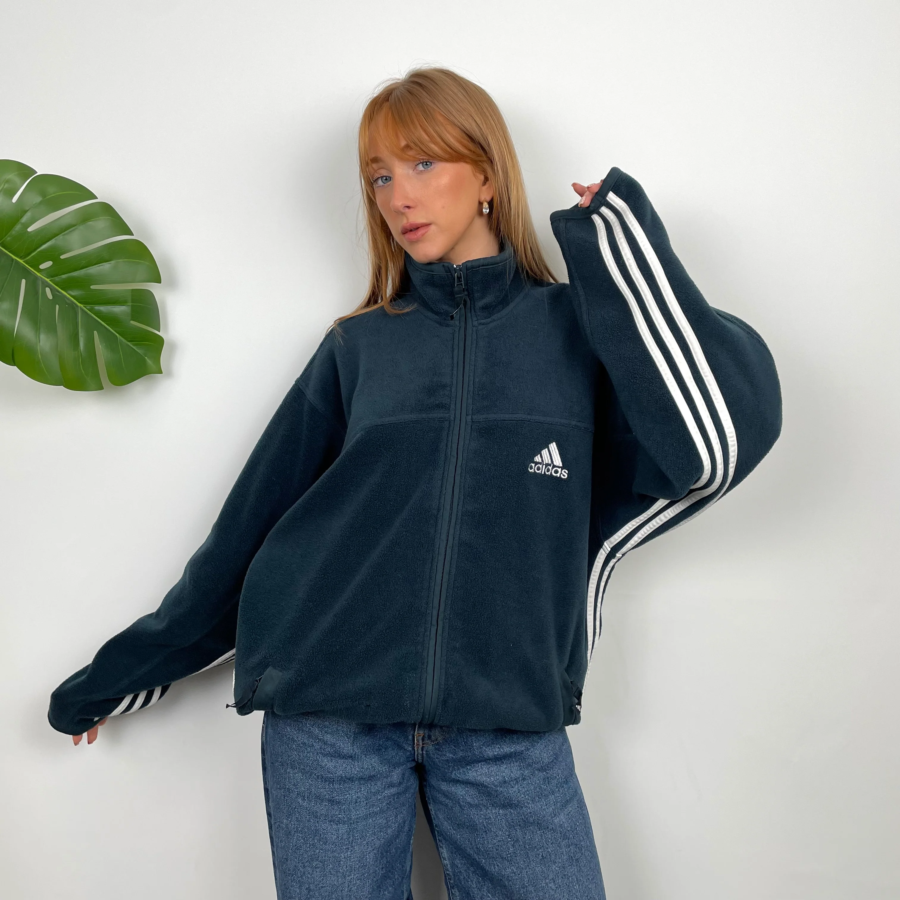 Adidas Teal Embroidered Spell Out Teddy Bear Fleece Zip Up Sweatshirt (L) - Image 2
