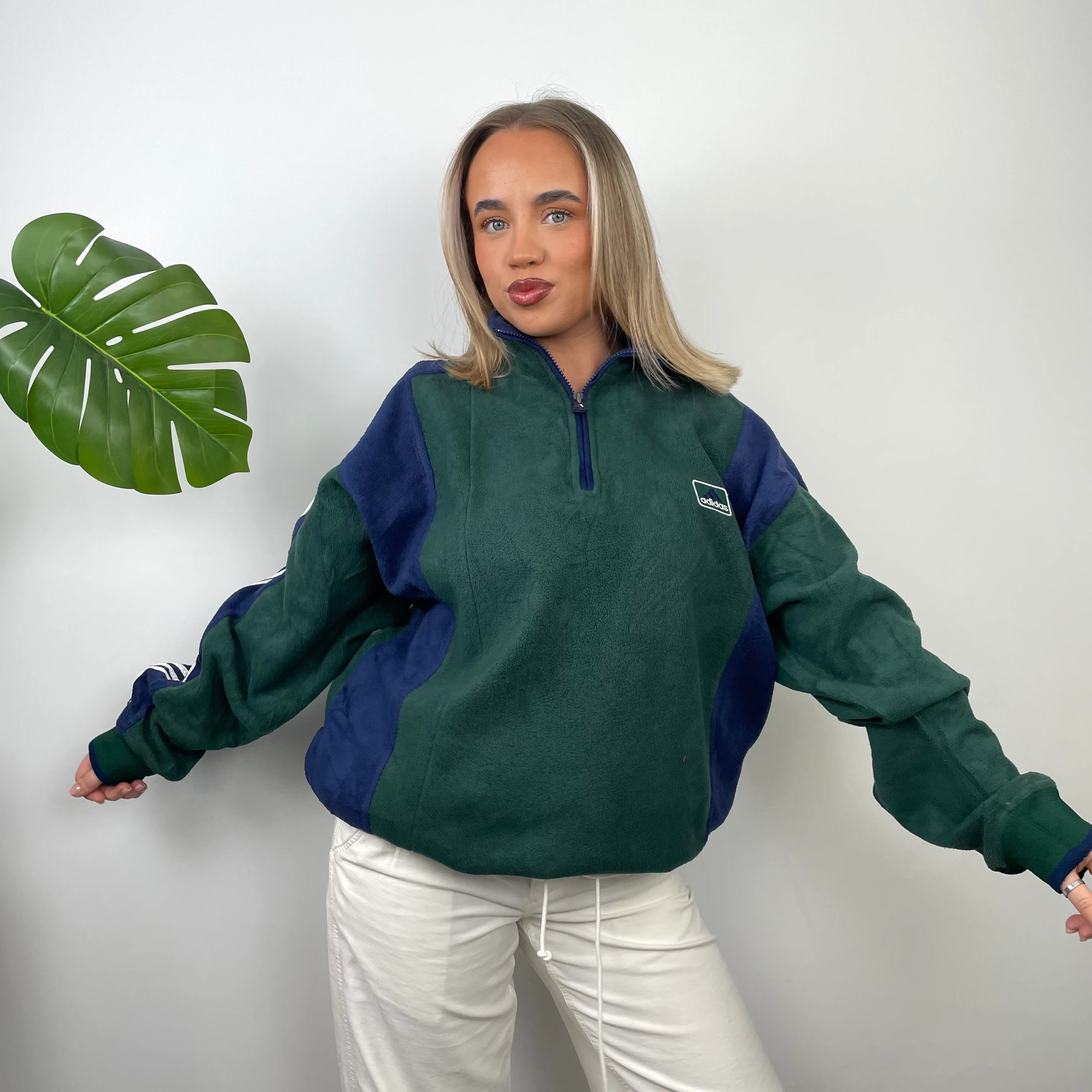 Adidas Green Embroidered Spell Out Fleece Quarter Zip Sweatshirt (L) - Image 3