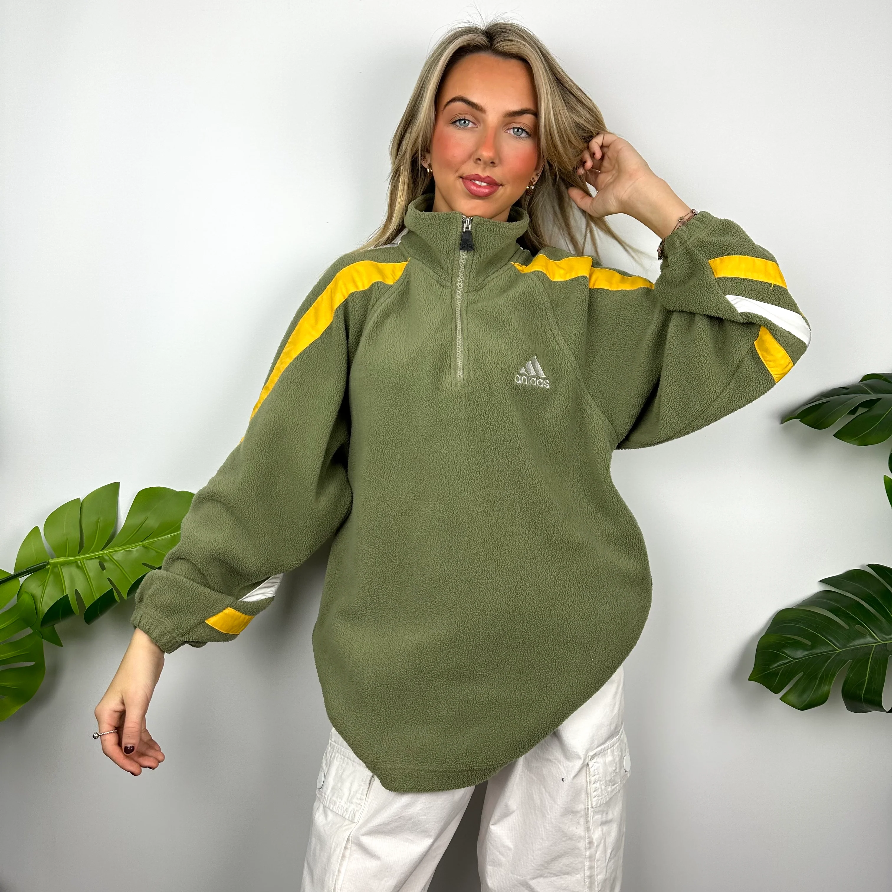 Adidas Green Embroidered Spell Out Teddy Bear Fleece Quarter Zip Sweatshirt (XL) - Image 2