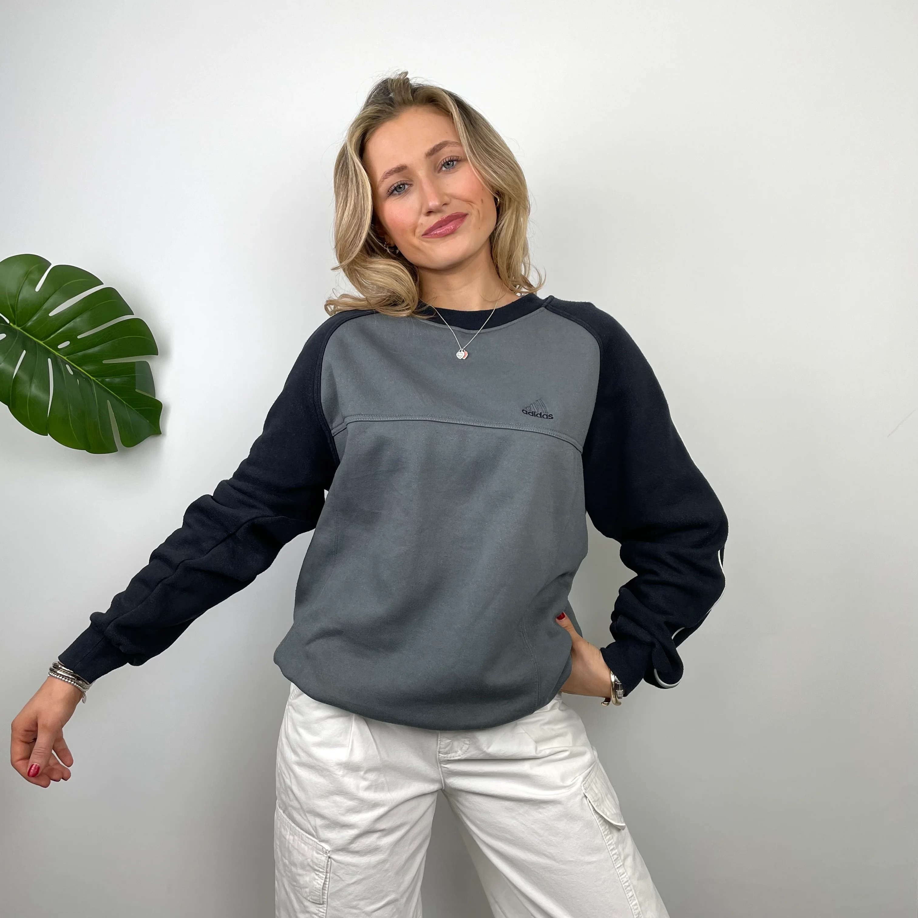 Adidas Grey & Black Embroidered Spell Out Sweatshirt (M) - Image 2