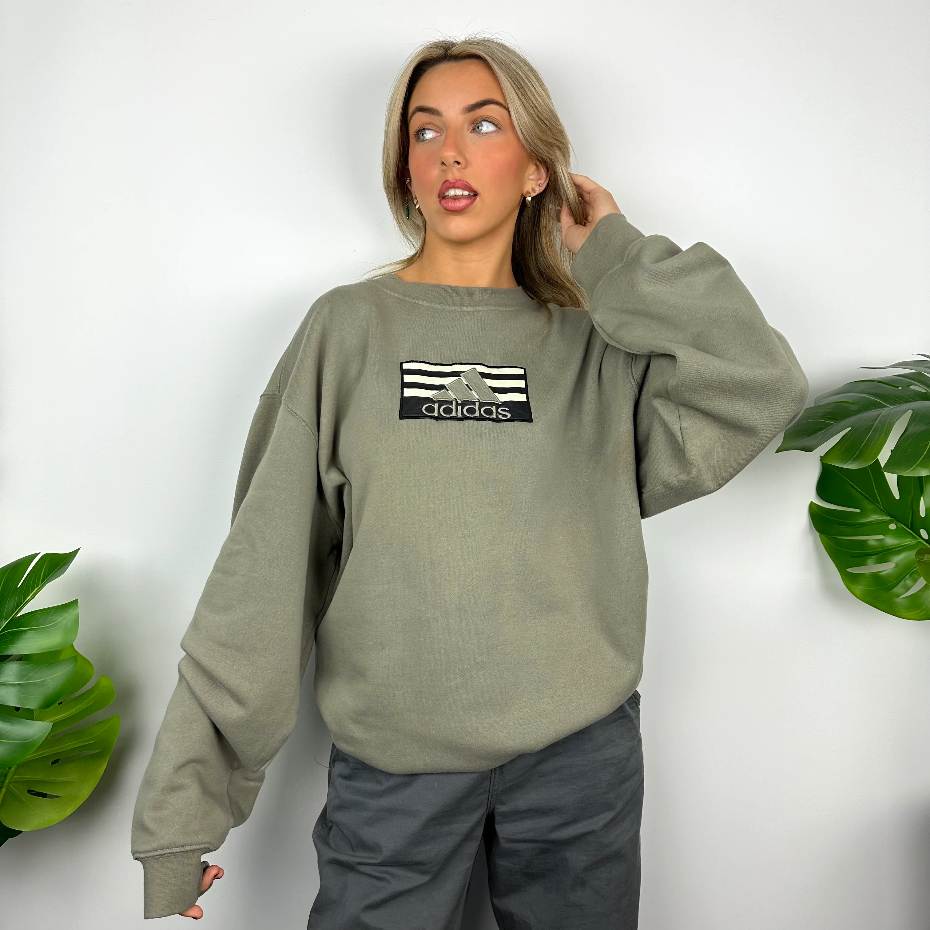 Adidas Khaki Embroidered Spell Out Sweatshirt (XXL) - Image 3