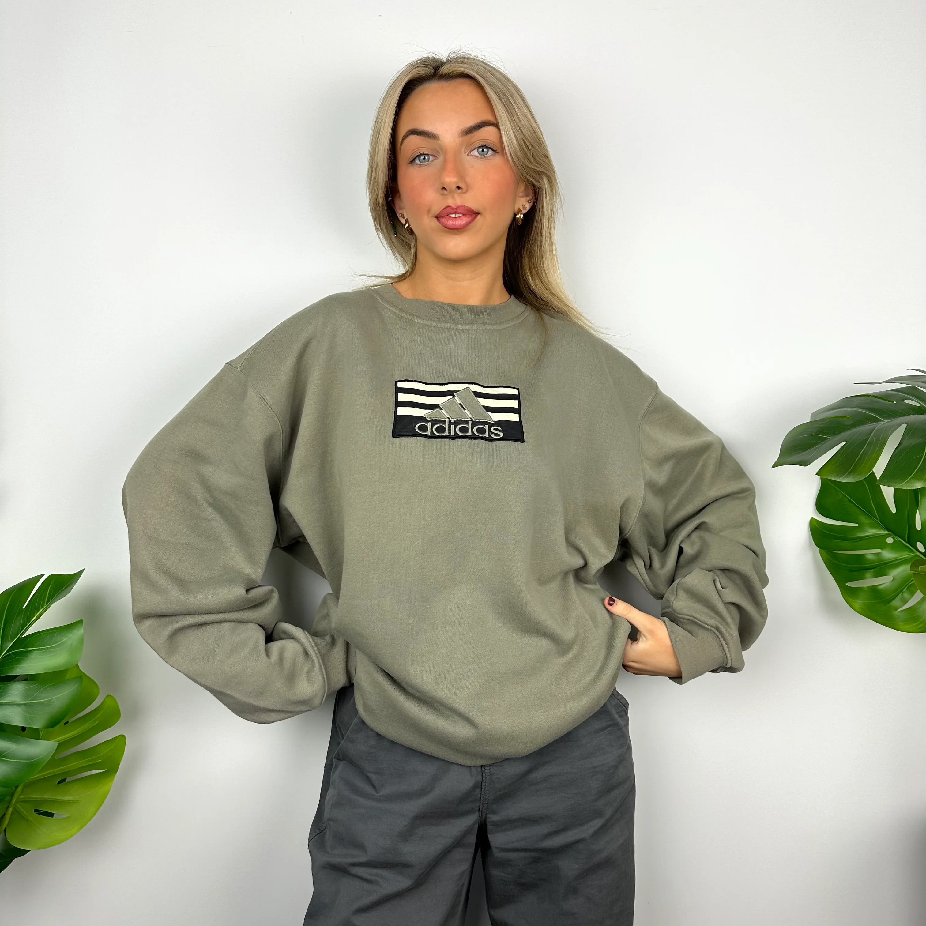 Adidas Khaki Embroidered Spell Out Sweatshirt (XXL) - Image 6