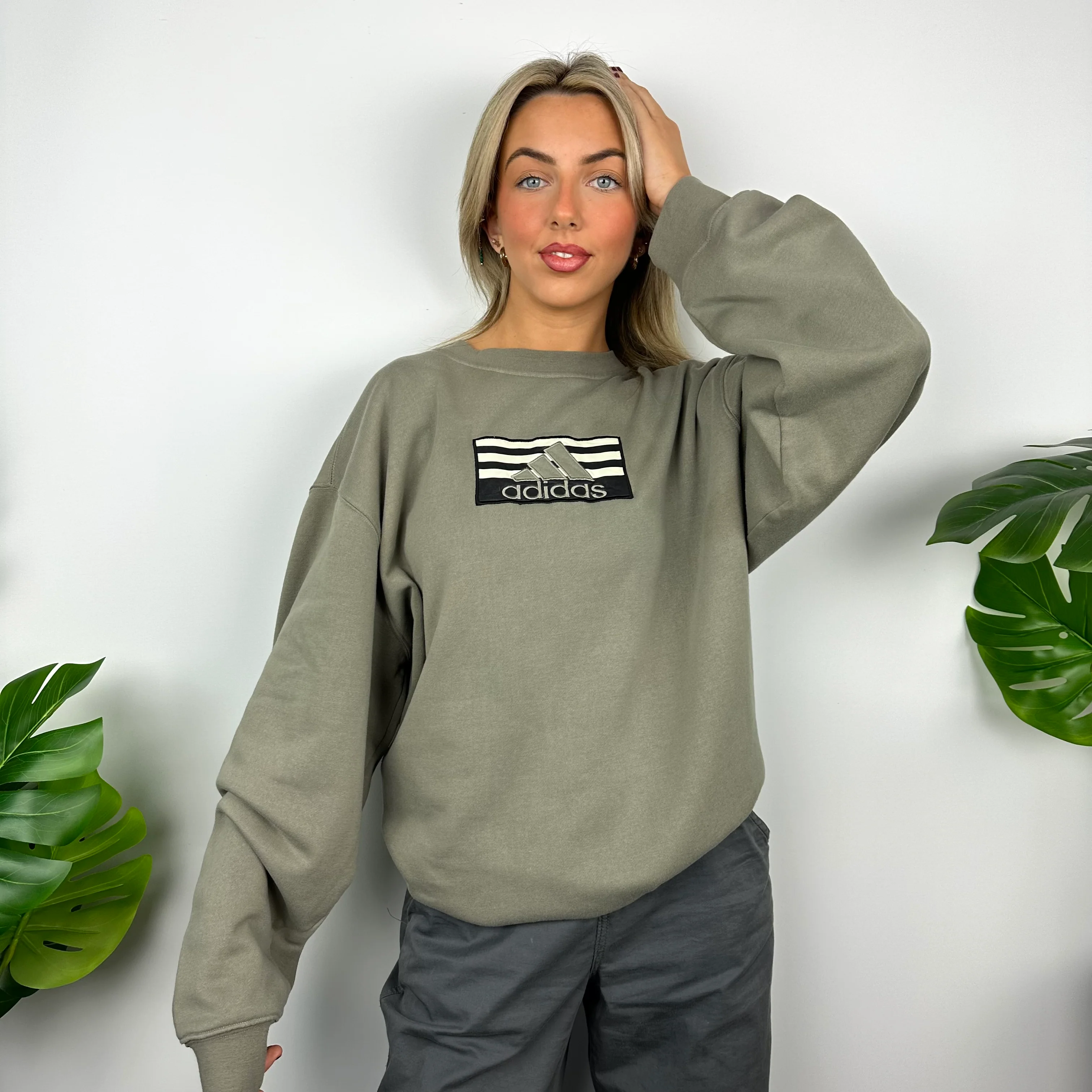 Adidas Khaki Embroidered Spell Out Sweatshirt (XXL) - Image 7