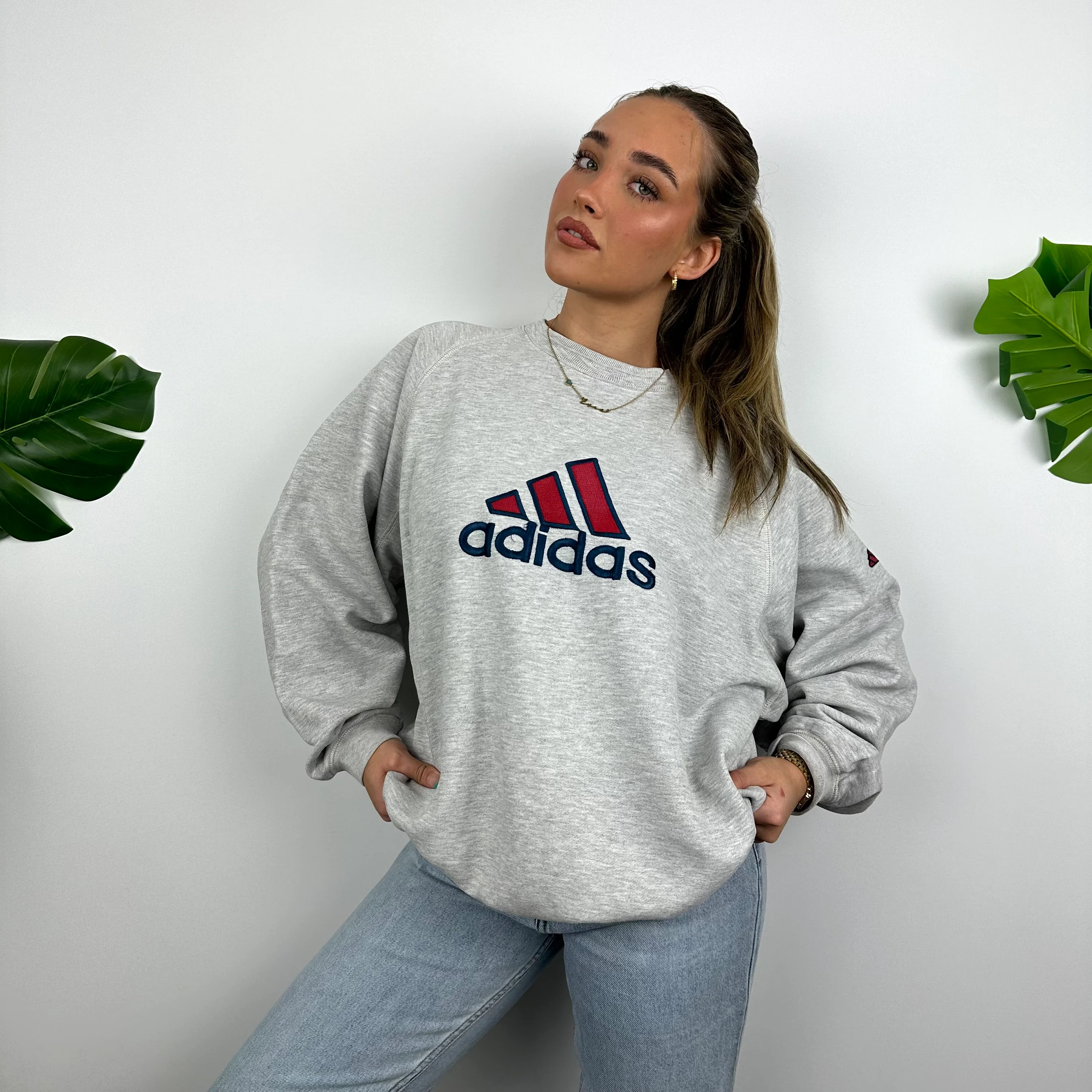 Adidas Grey Embroidered Spell Out Sweatshirt (L) - Image 2