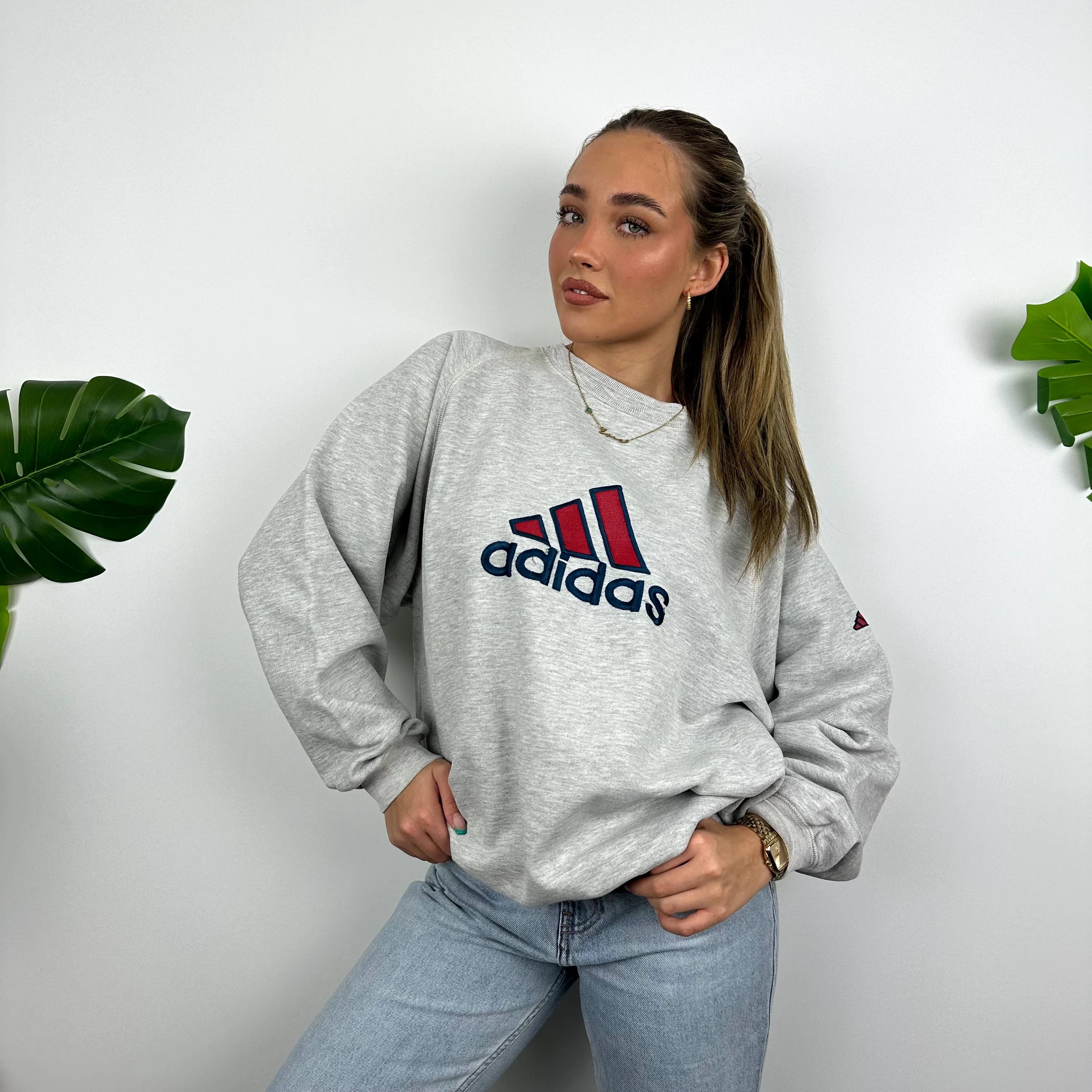 Adidas Grey Embroidered Spell Out Sweatshirt (L) - Image 3