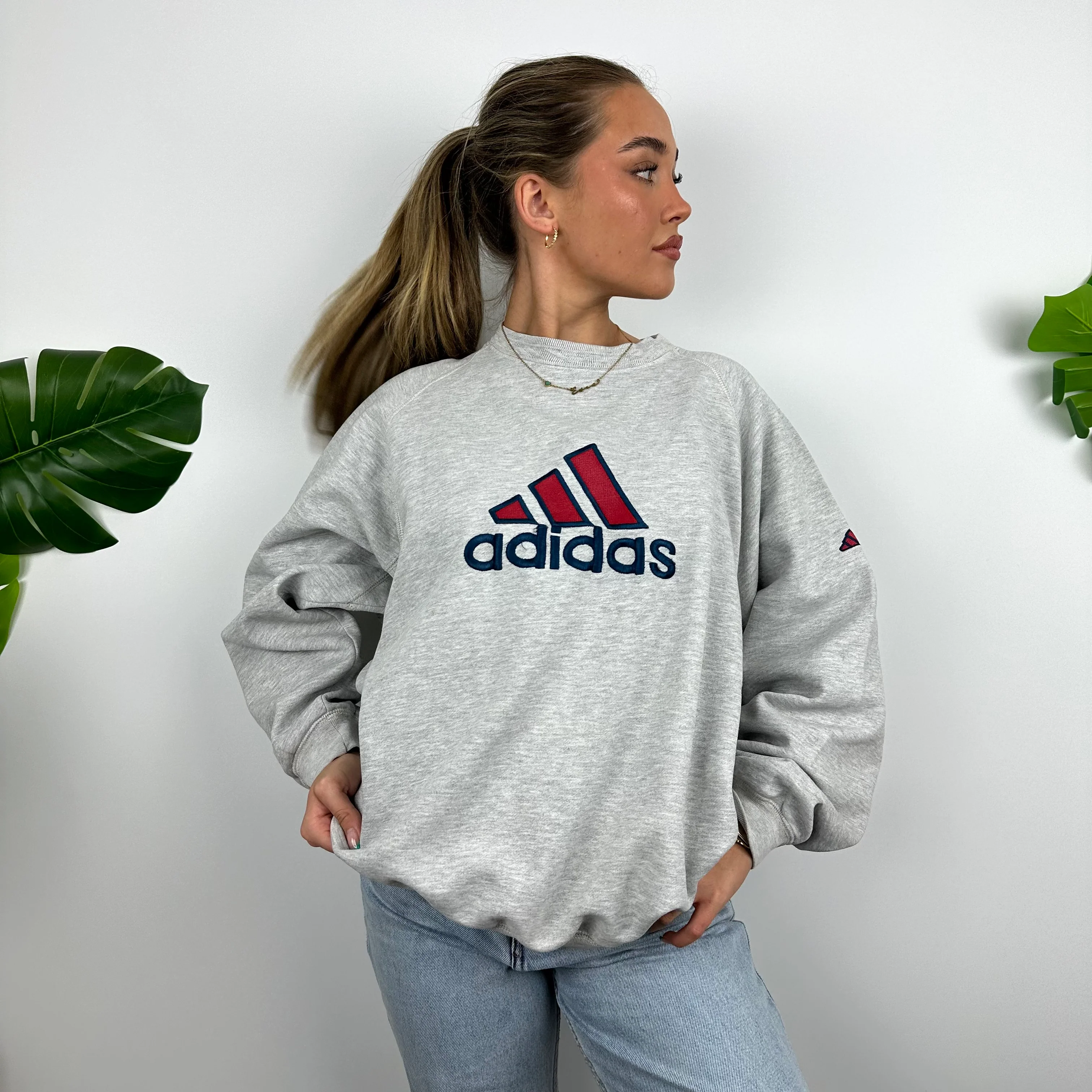 Adidas Grey Embroidered Spell Out Sweatshirt (L) - Image 4
