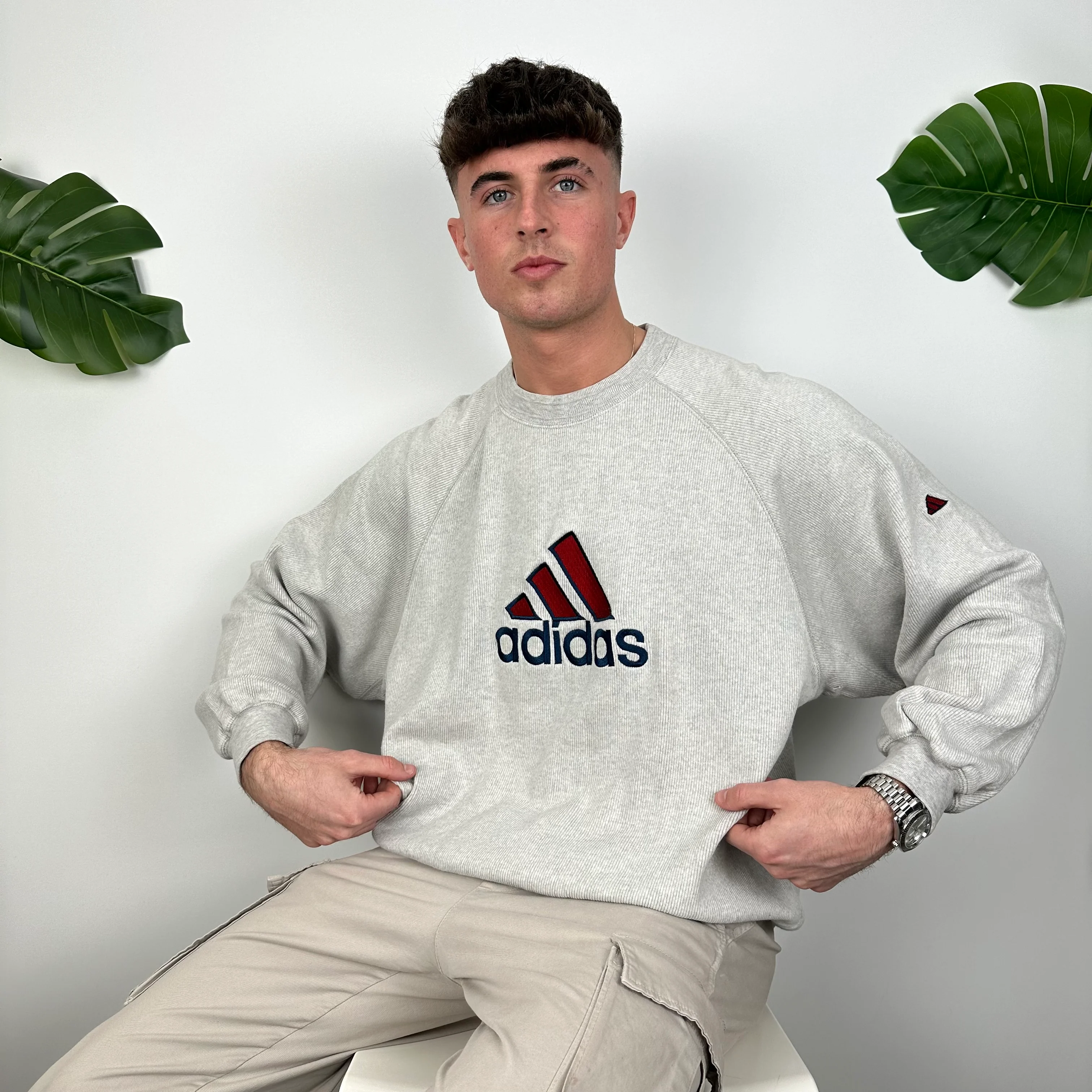 Adidas Grey Embroidered Spell Out Sweatshirt (M) - Image 4