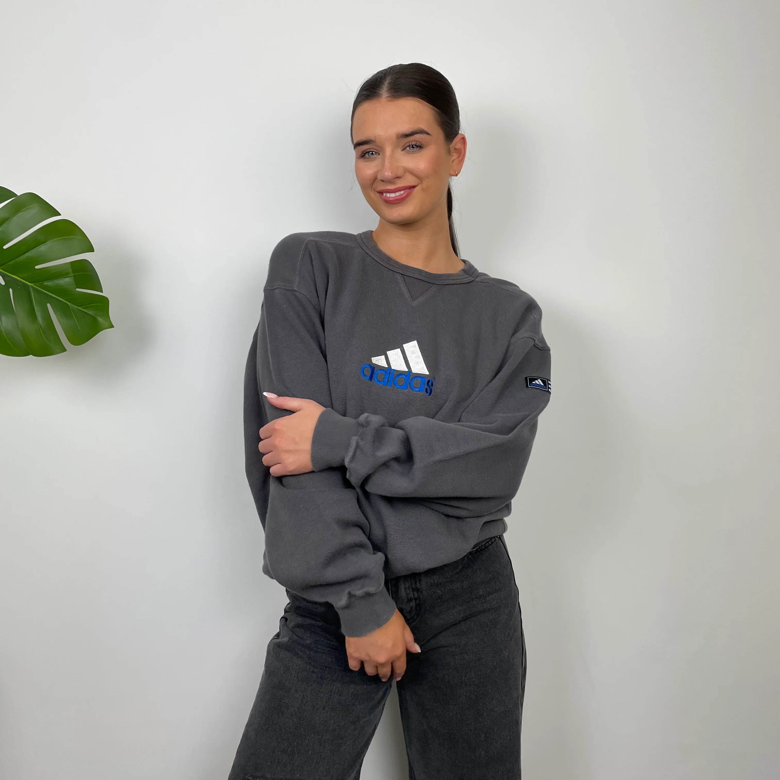 Adidas Grey Embroidered Spell Out Sweatshirt (L) - Image 2
