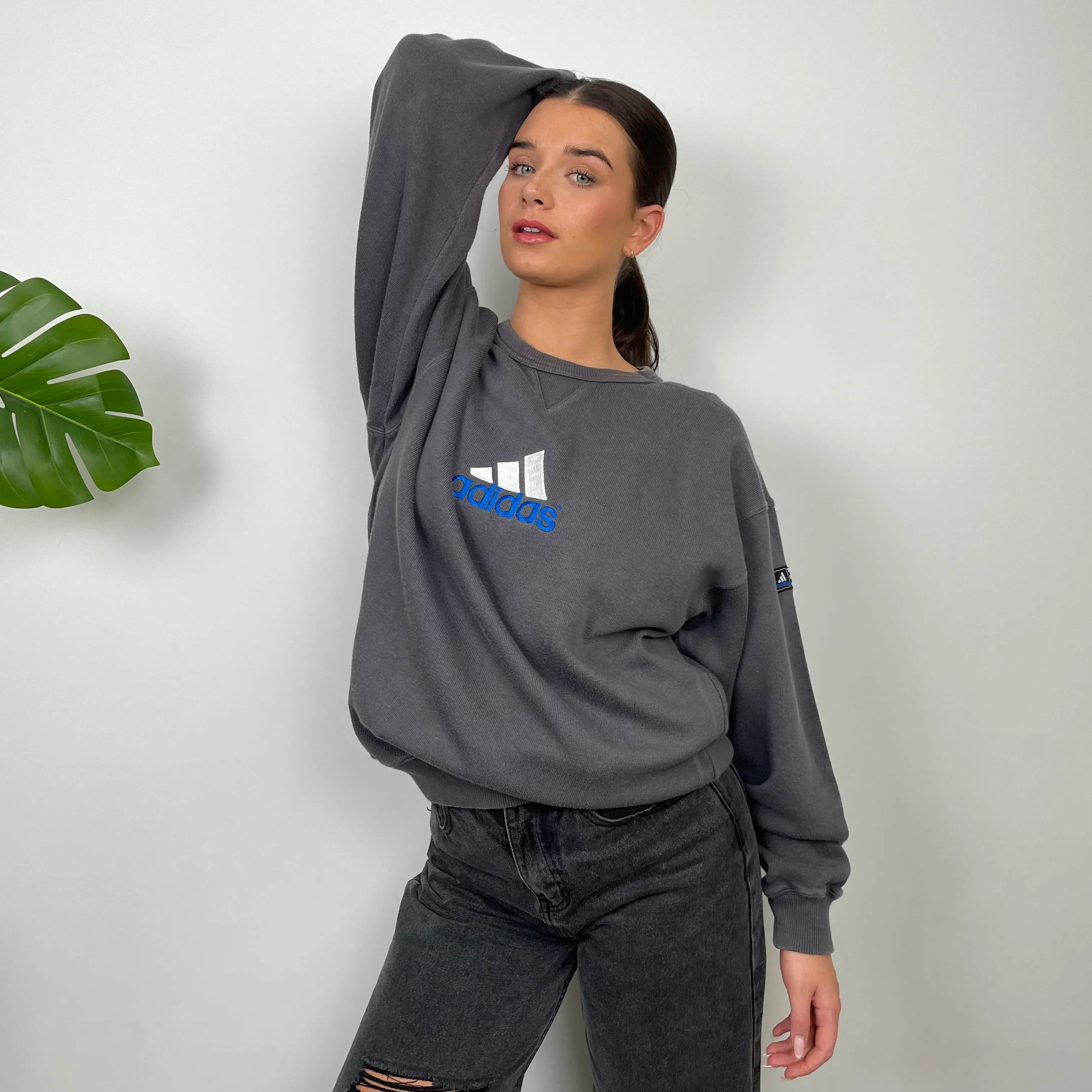 Adidas Grey Embroidered Spell Out Sweatshirt (L) - Image 3