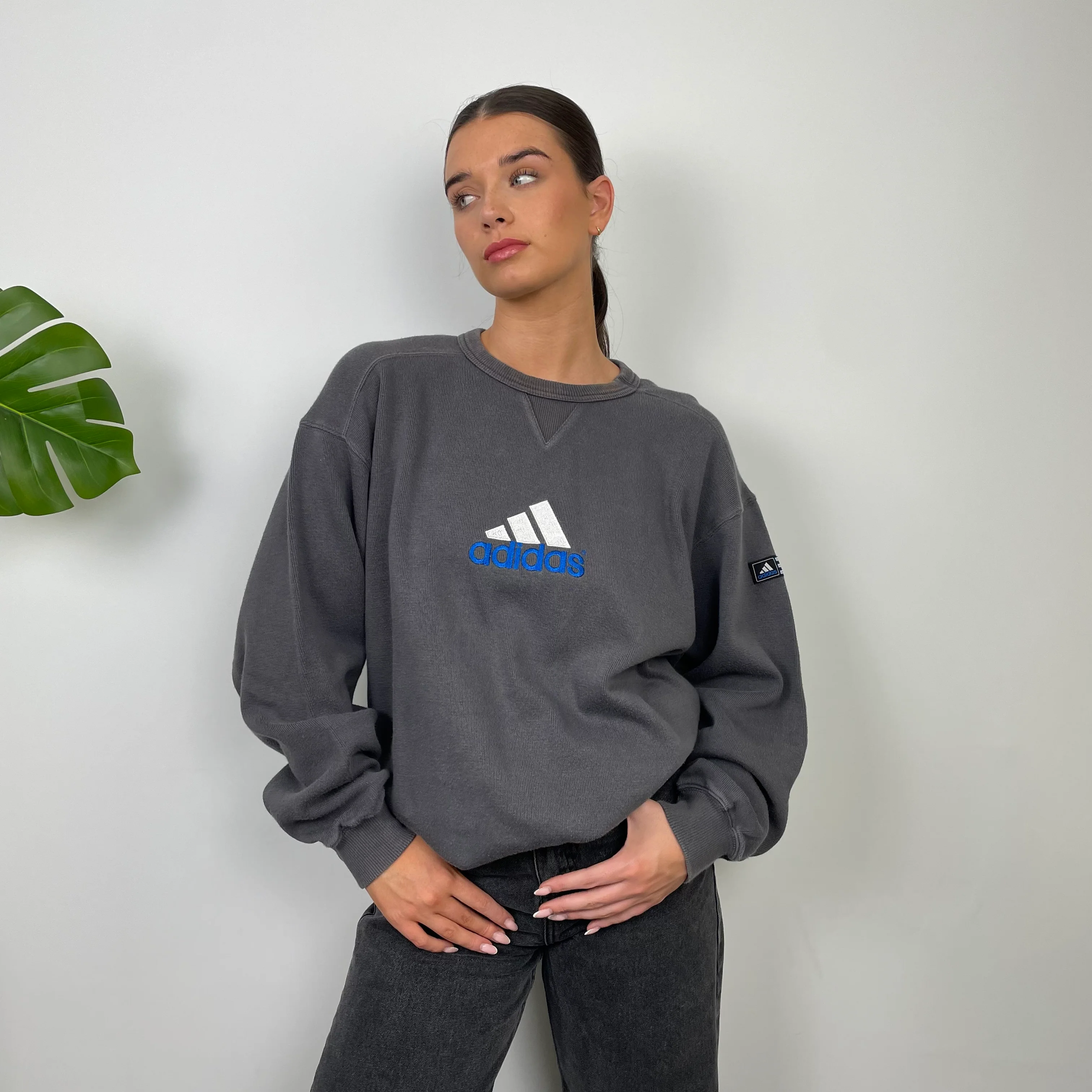 Adidas Grey Embroidered Spell Out Sweatshirt (L) - Image 4