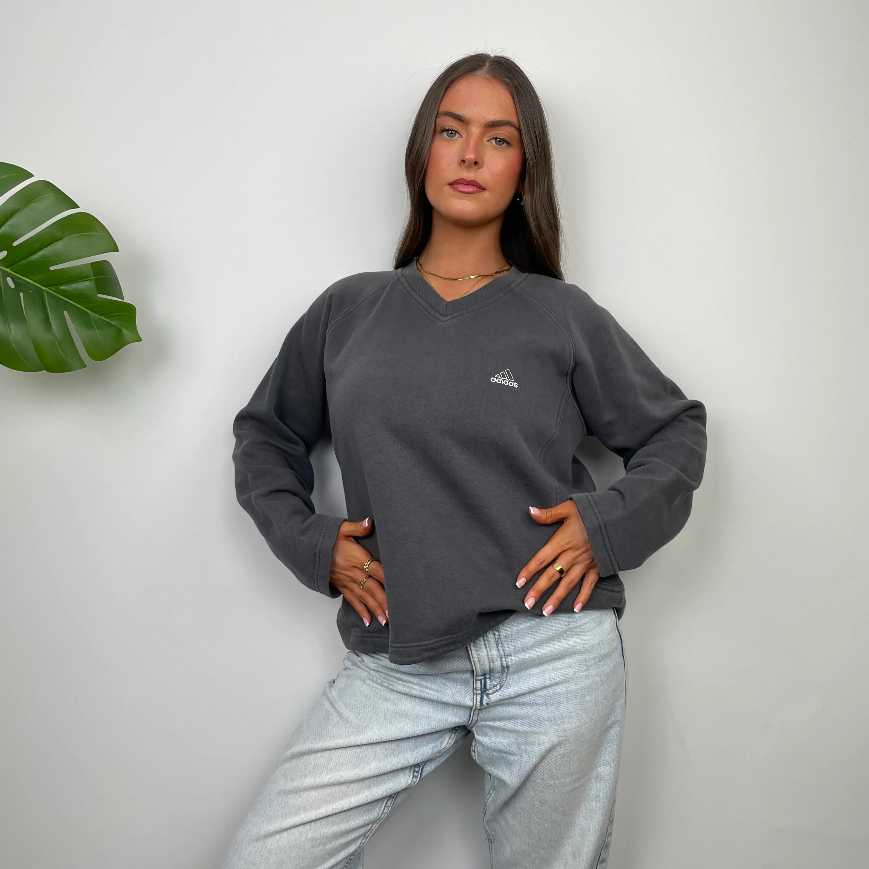 Adidas Grey Embroidered Spell Out Sweatshirt (S) - Image 3
