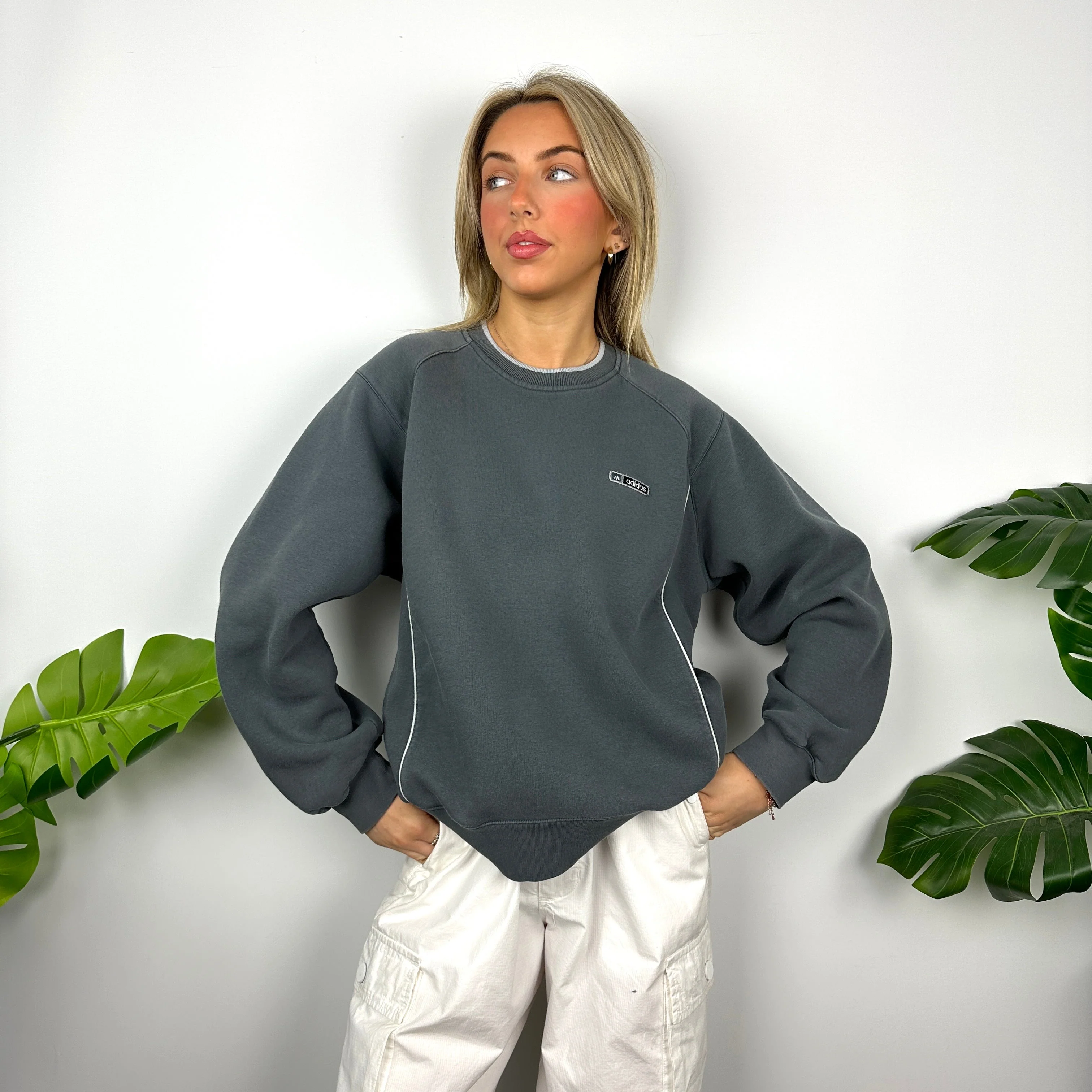 Adidas Grey Embroidered Spell Out Sweatshirt (L) - Image 2