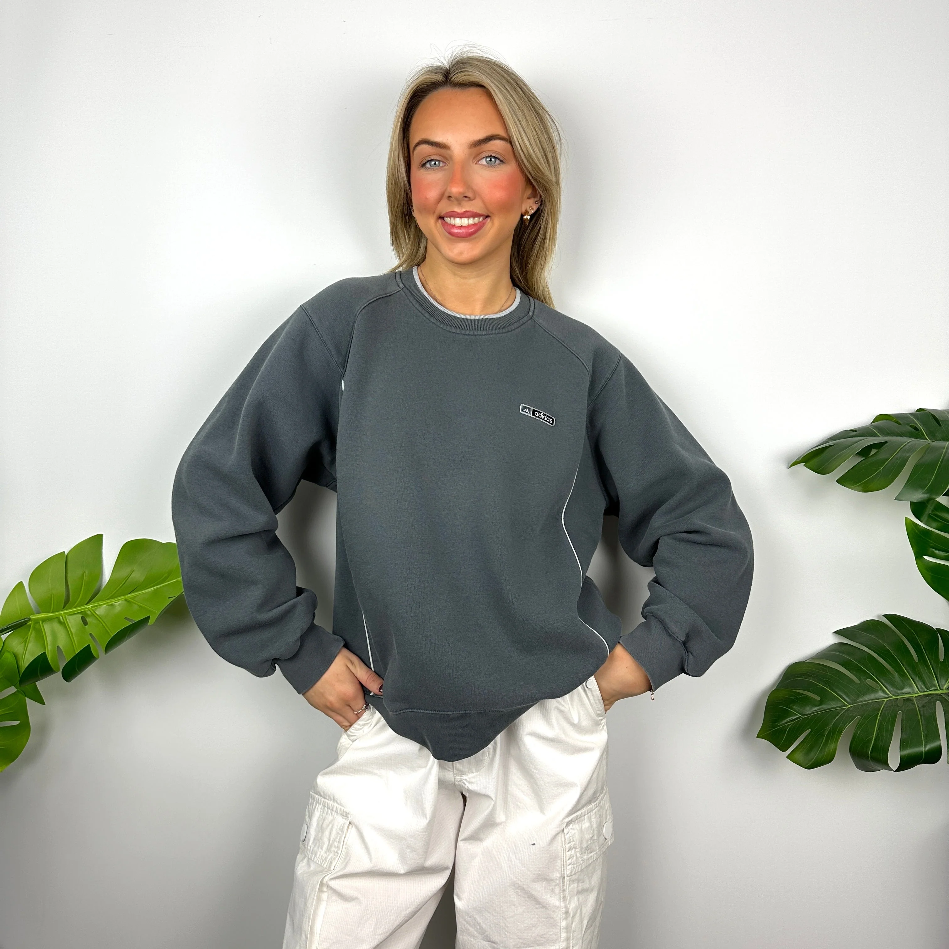Adidas Grey Embroidered Spell Out Sweatshirt (L) - Image 6
