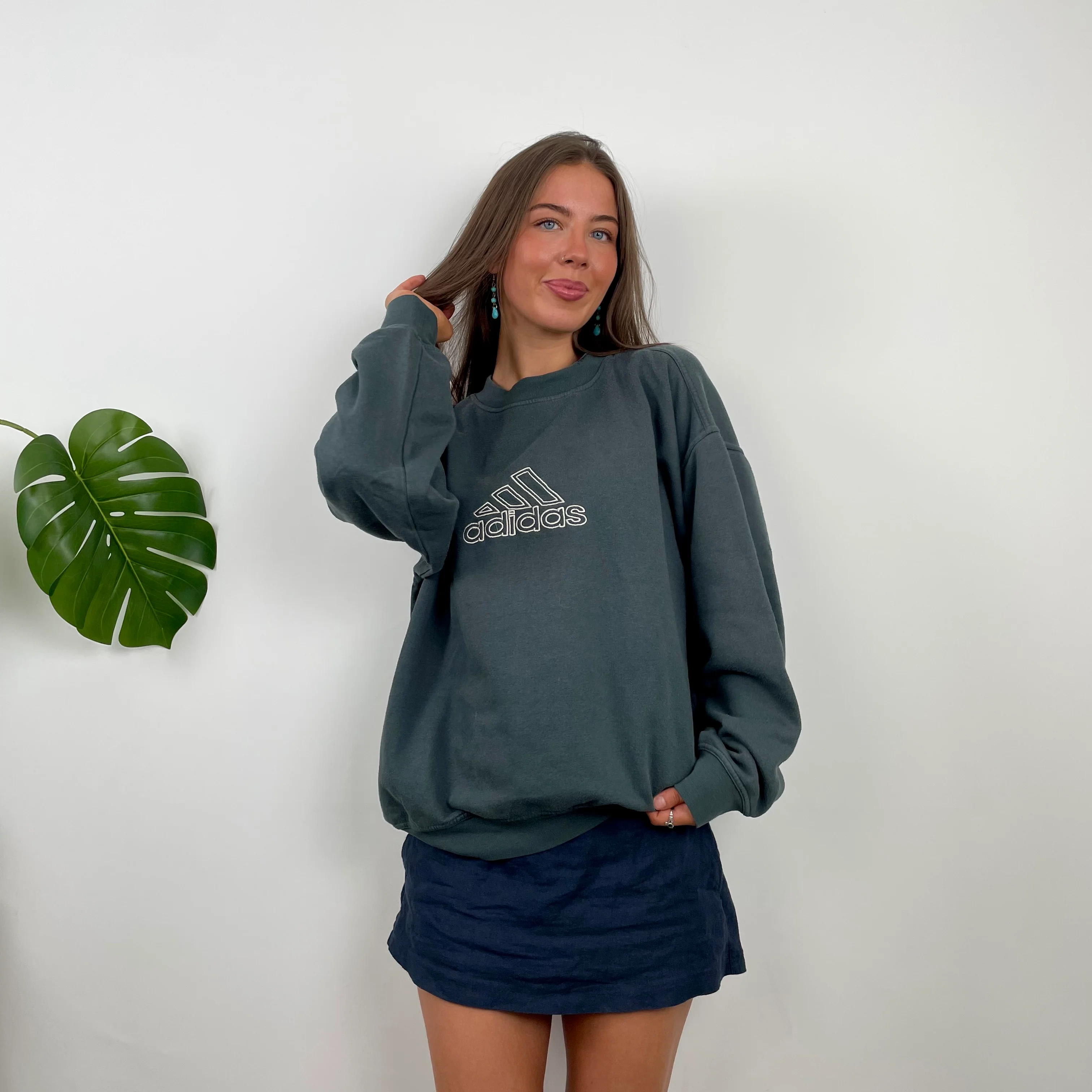 Adidas Grey Embroidered Spell Out Sweatshirt (M) - Image 2