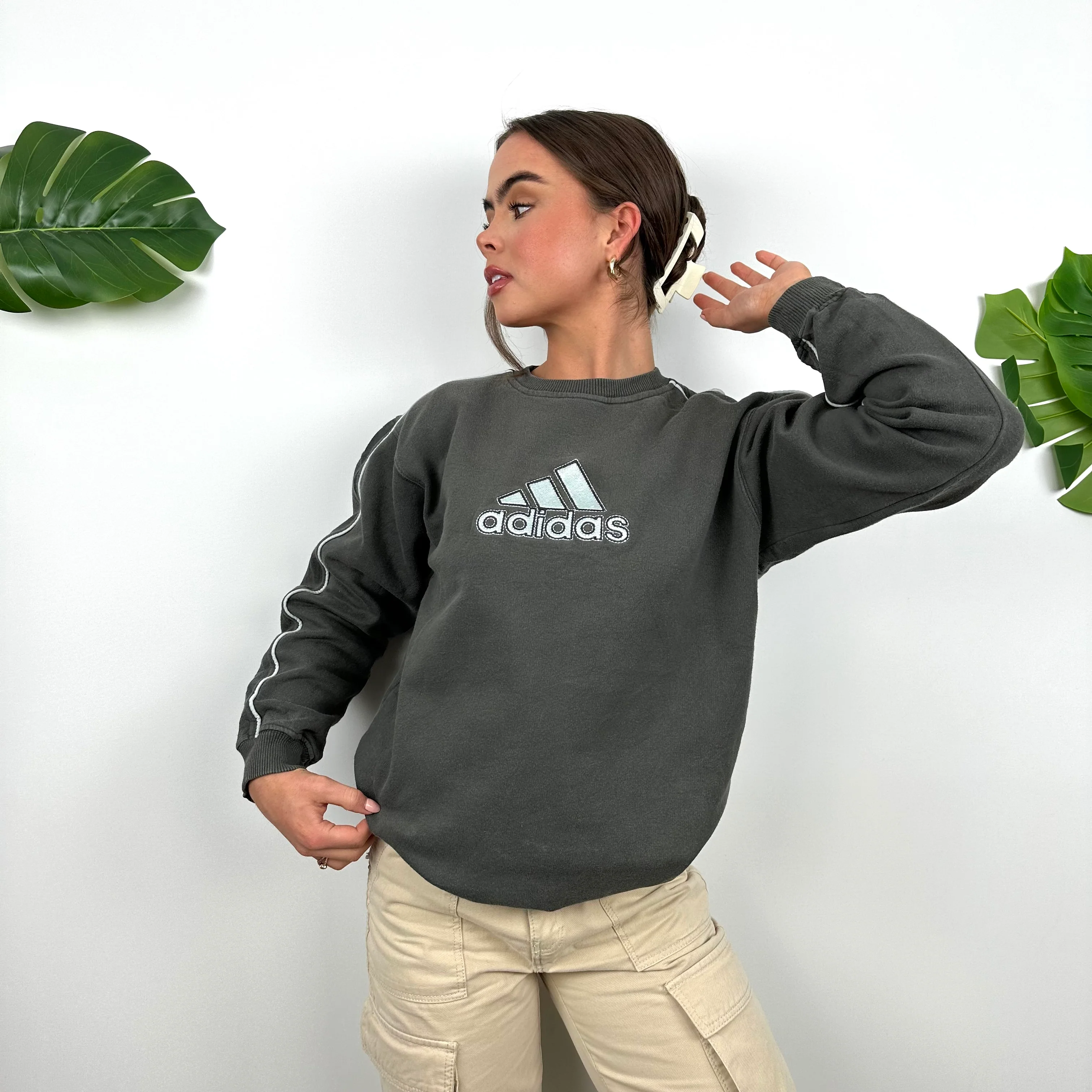 Adidas Grey Embroidered Spell Out Sweatshirt (S) - Image 5