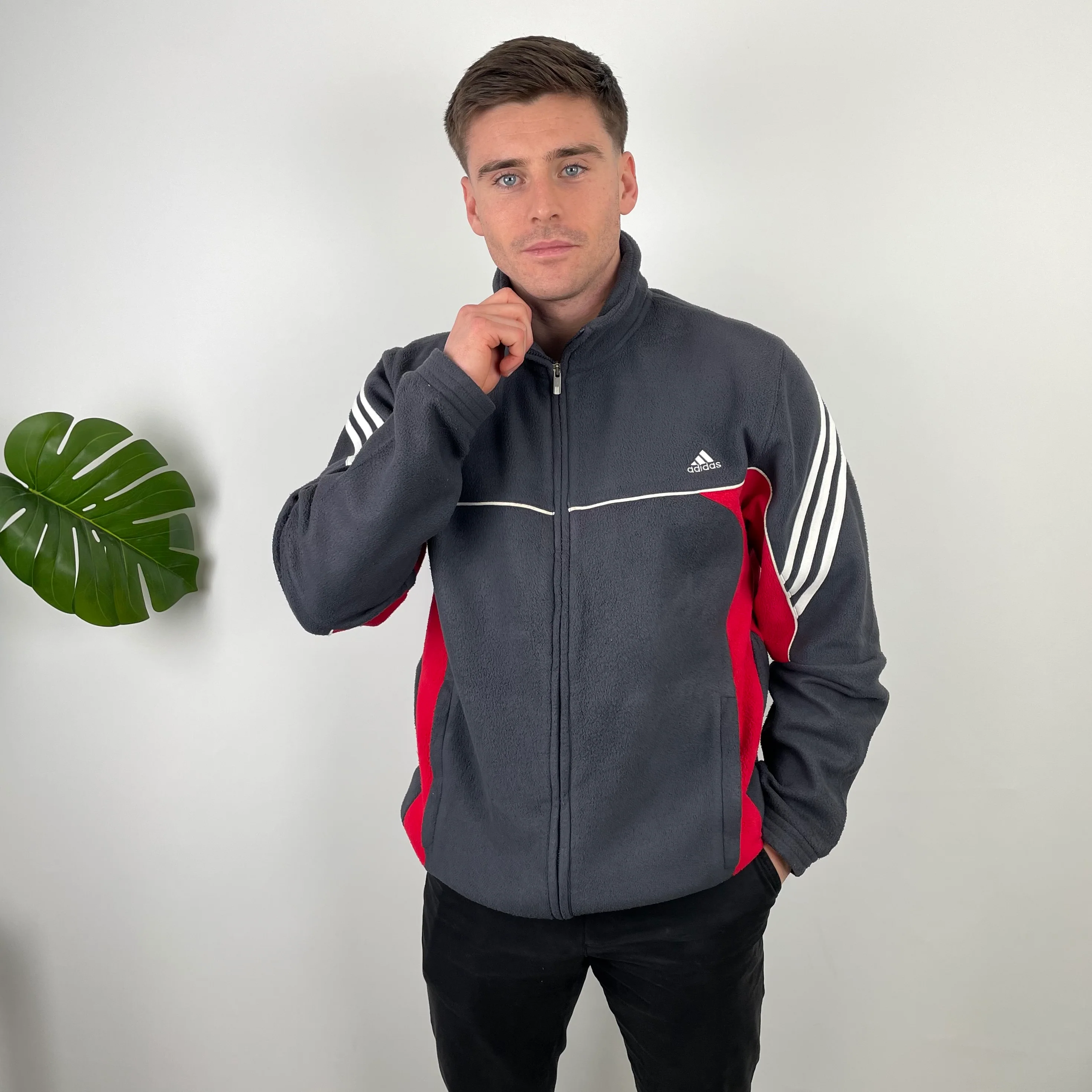 Adidas Grey Embroidered Spell Out Teddy Bear Fleece Quarter Zip Sweatshirt (XL) - Image 2