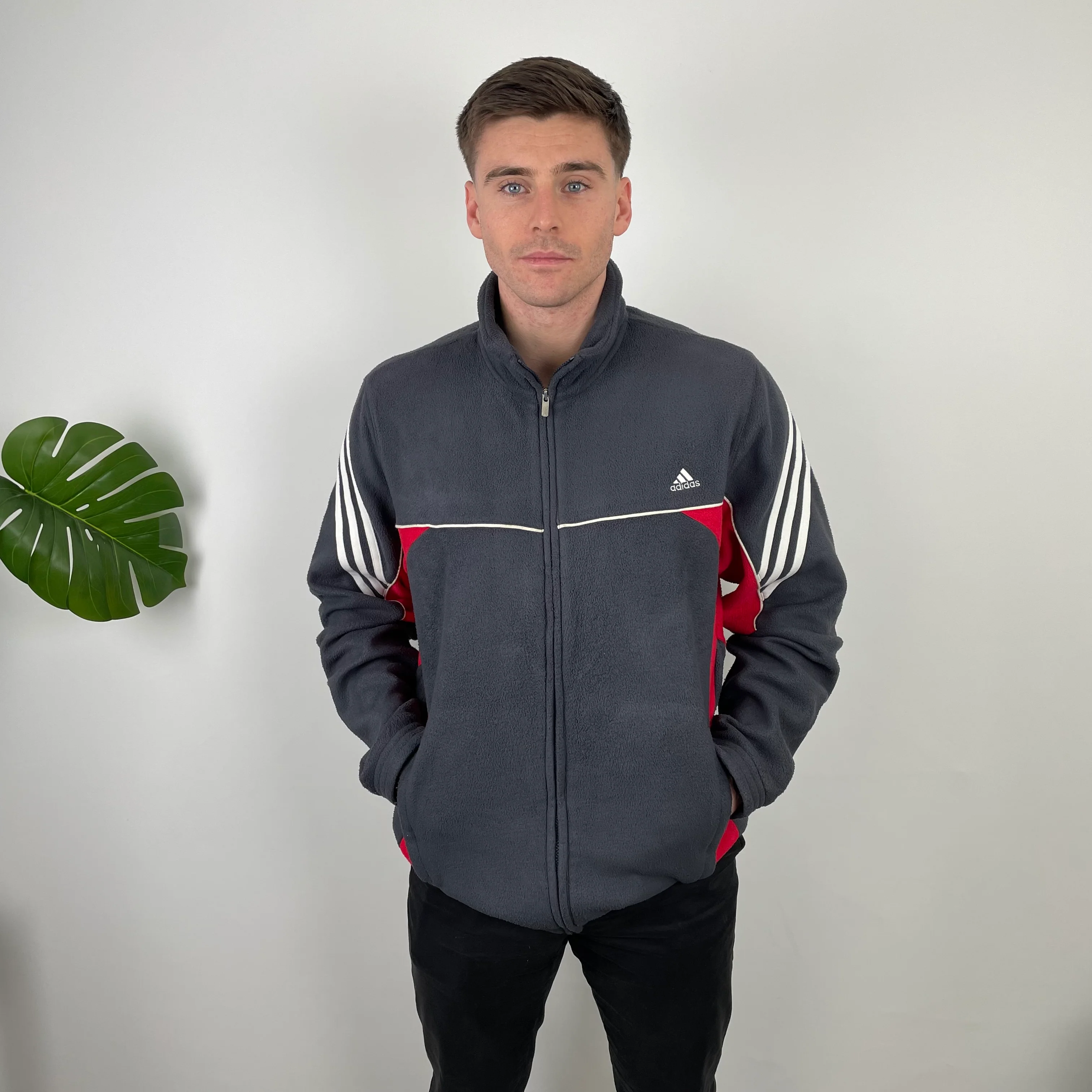 Adidas Grey Embroidered Spell Out Teddy Bear Fleece Quarter Zip Sweatshirt (XL) - Image 3